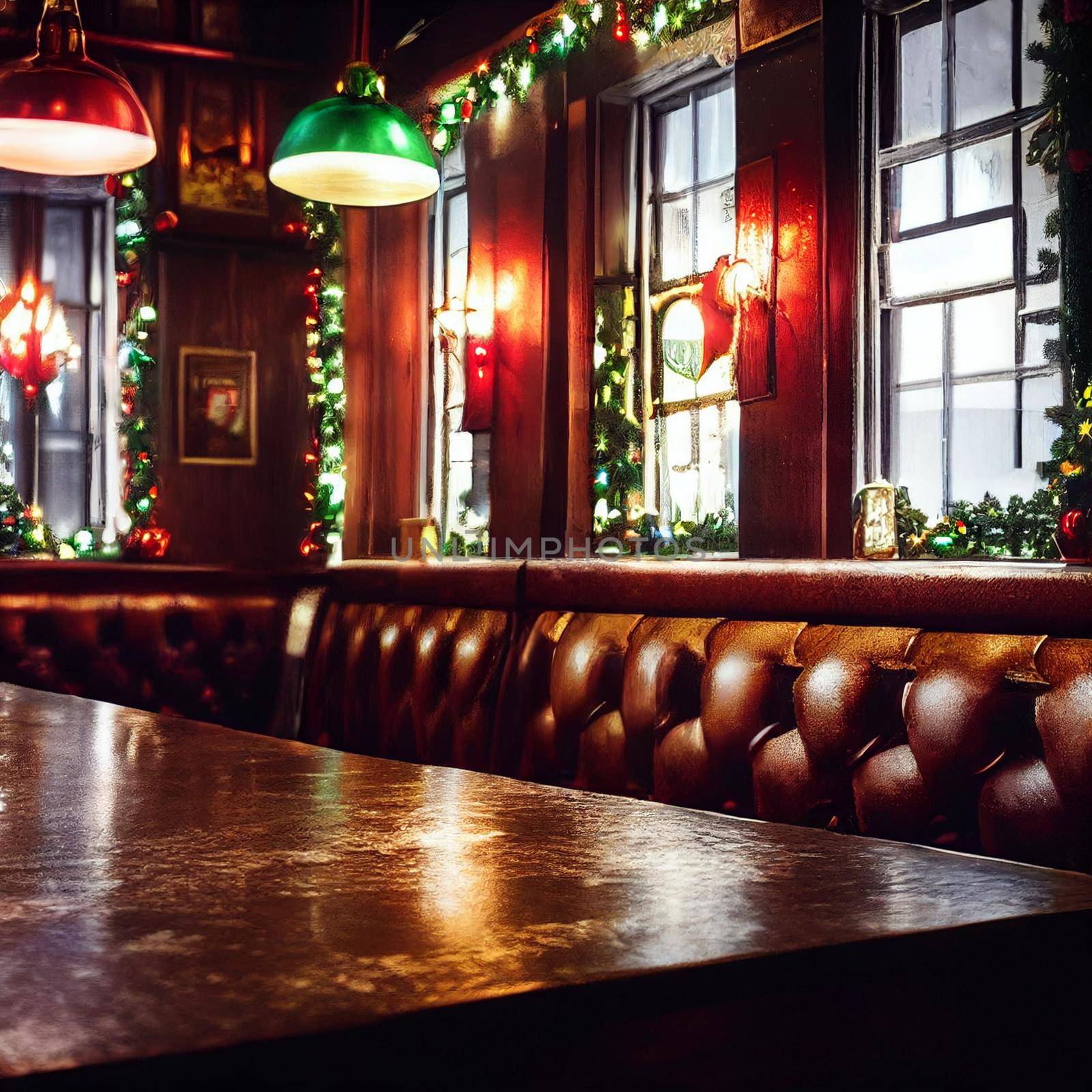 Pub decorated for Christmas. High quality illustration