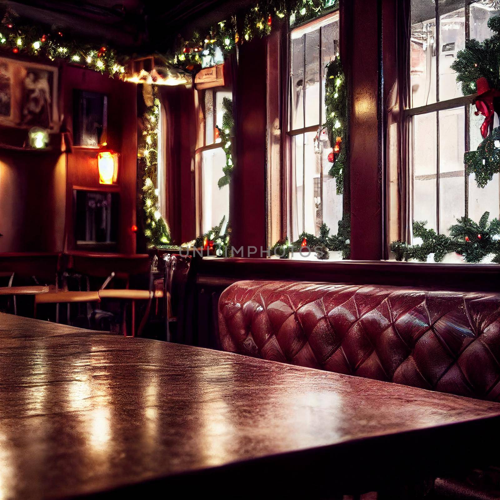 Pub decorated for Christmas. High quality illustration