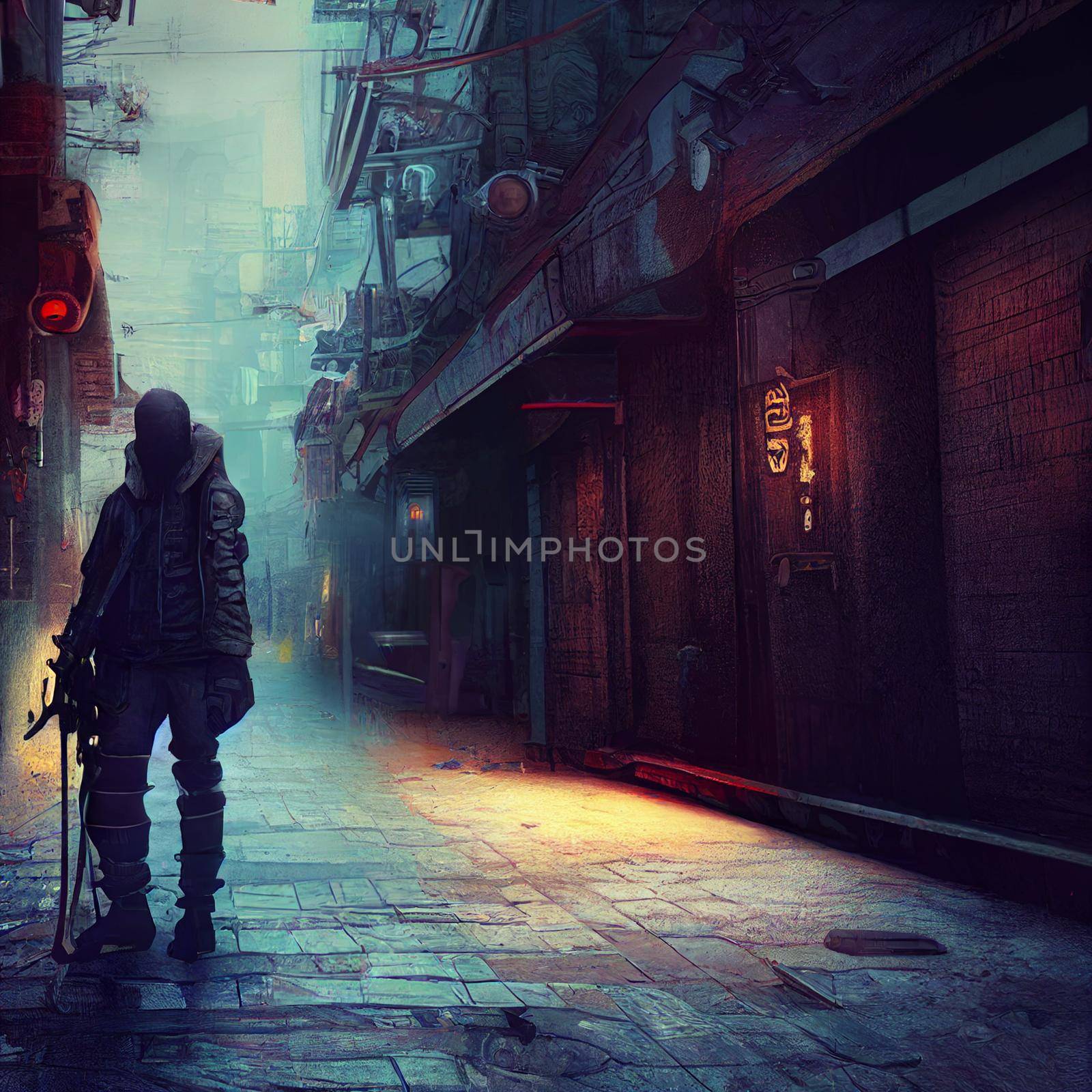 Gloomy image of a futuristic street. High quality illustration