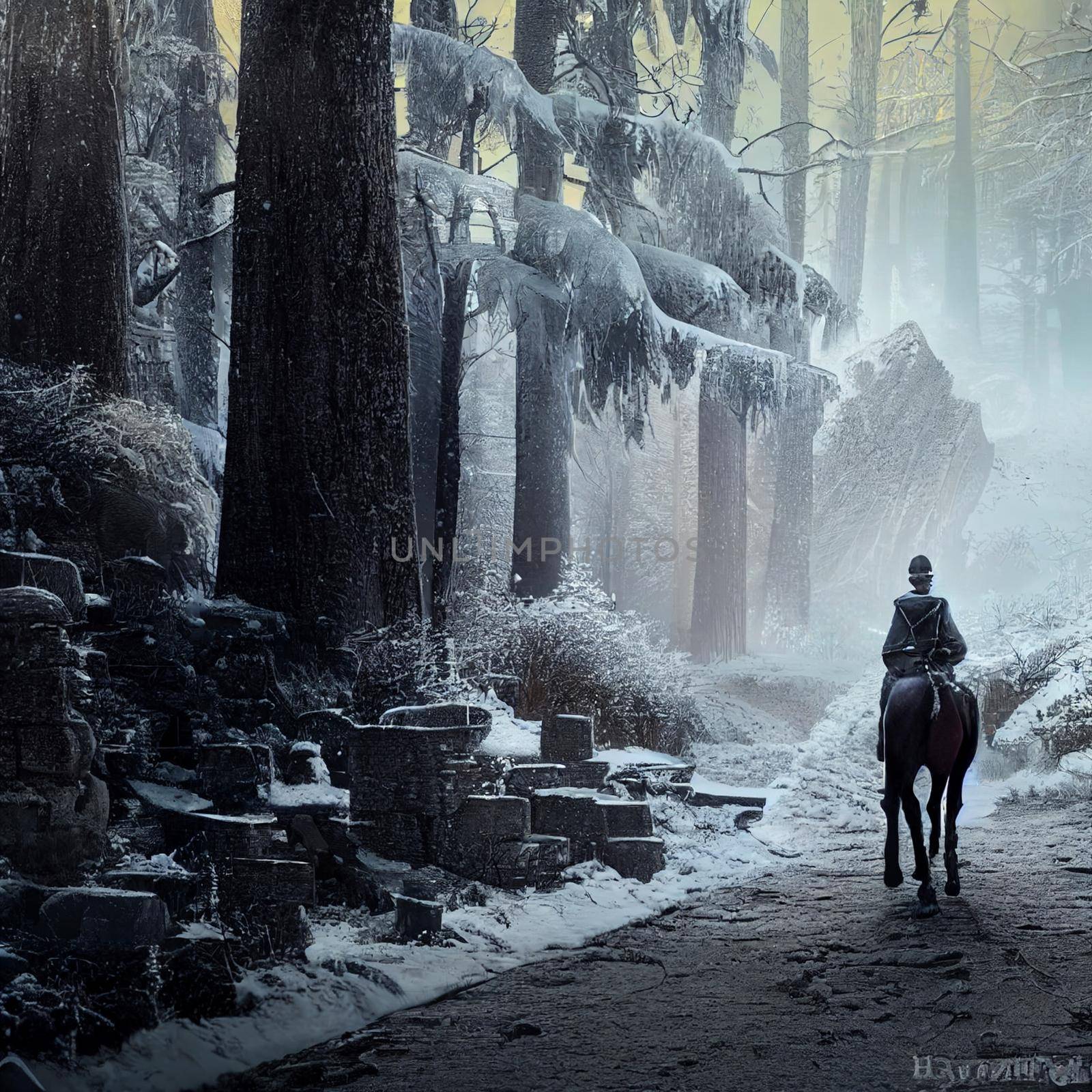 Lonely rider in a gloomy forest. High quality illustration