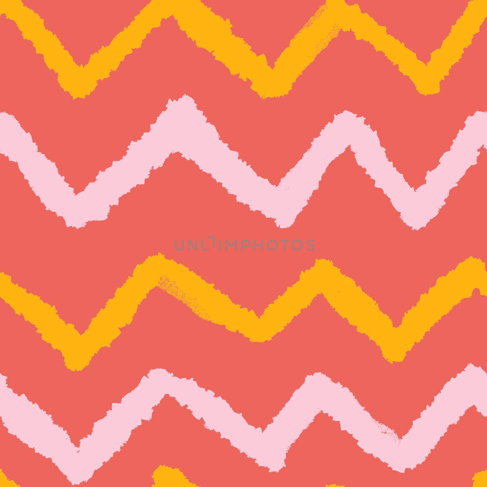 Hand drawn seamless chevron pattern with geometric abstract shapes in red orange yellow colors. Mid century modern background for fabric print wallpaper wrapping paper. Contemporary trendy fluid design. by Lagmar