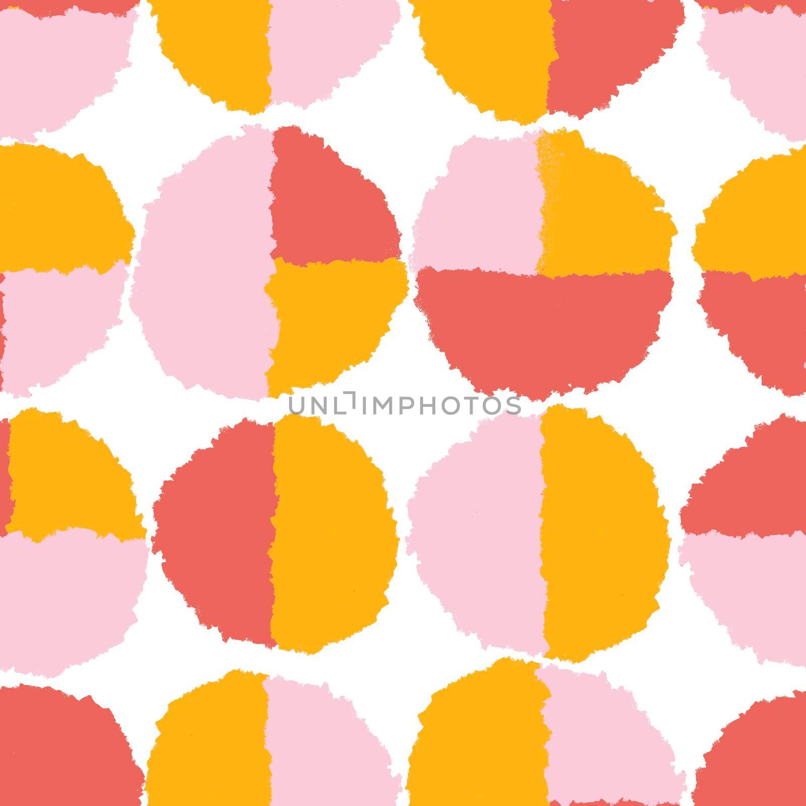 Hand drawn seamless pattern with geometric abstract shapes in red orange yellow colors. Mid century modern background for fabric print wallpaper wrapping paper. Contemporary trendy fluid design. by Lagmar