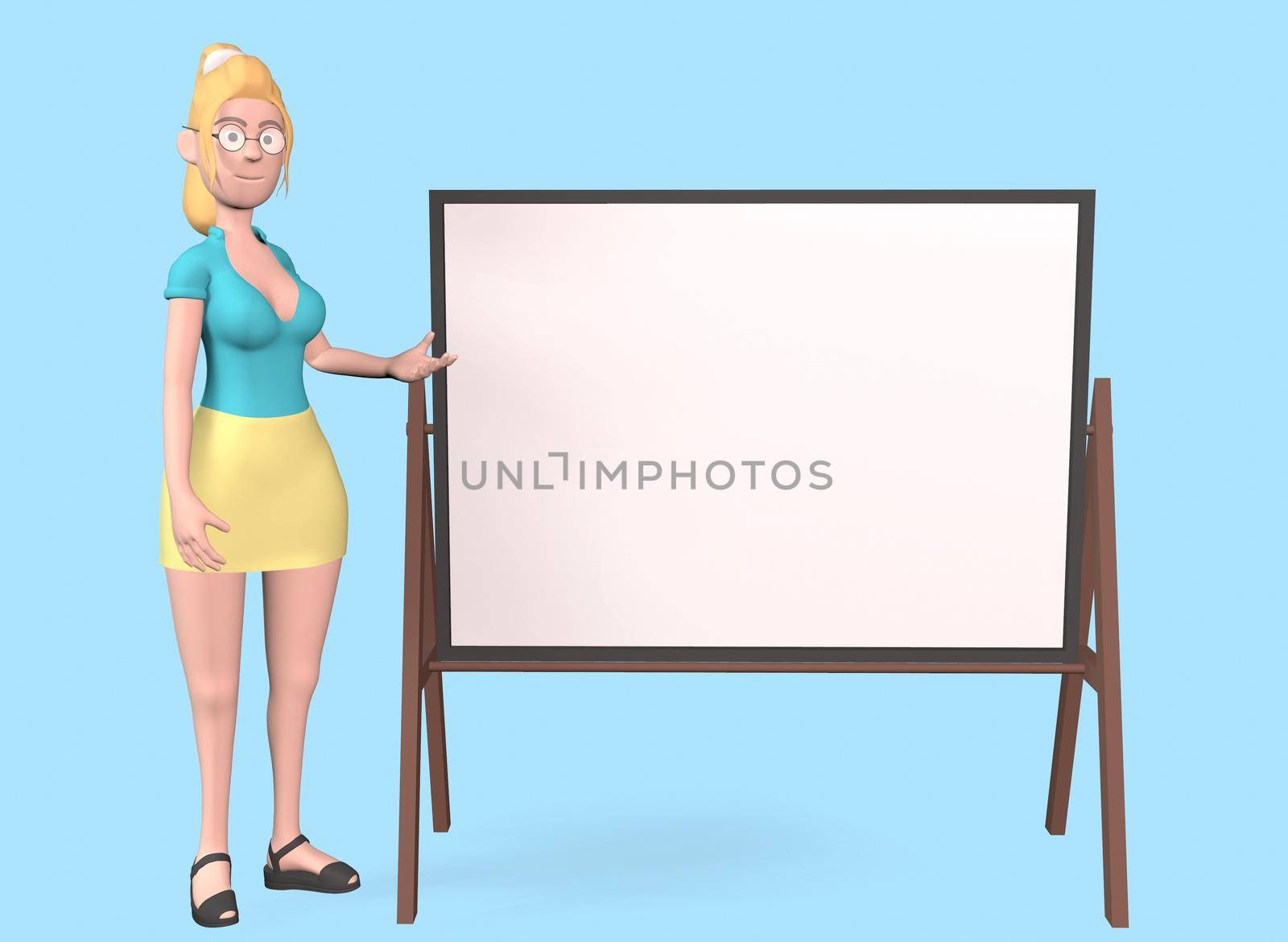 a girl in black clothes with a writing board on a white background 3d-rendering.