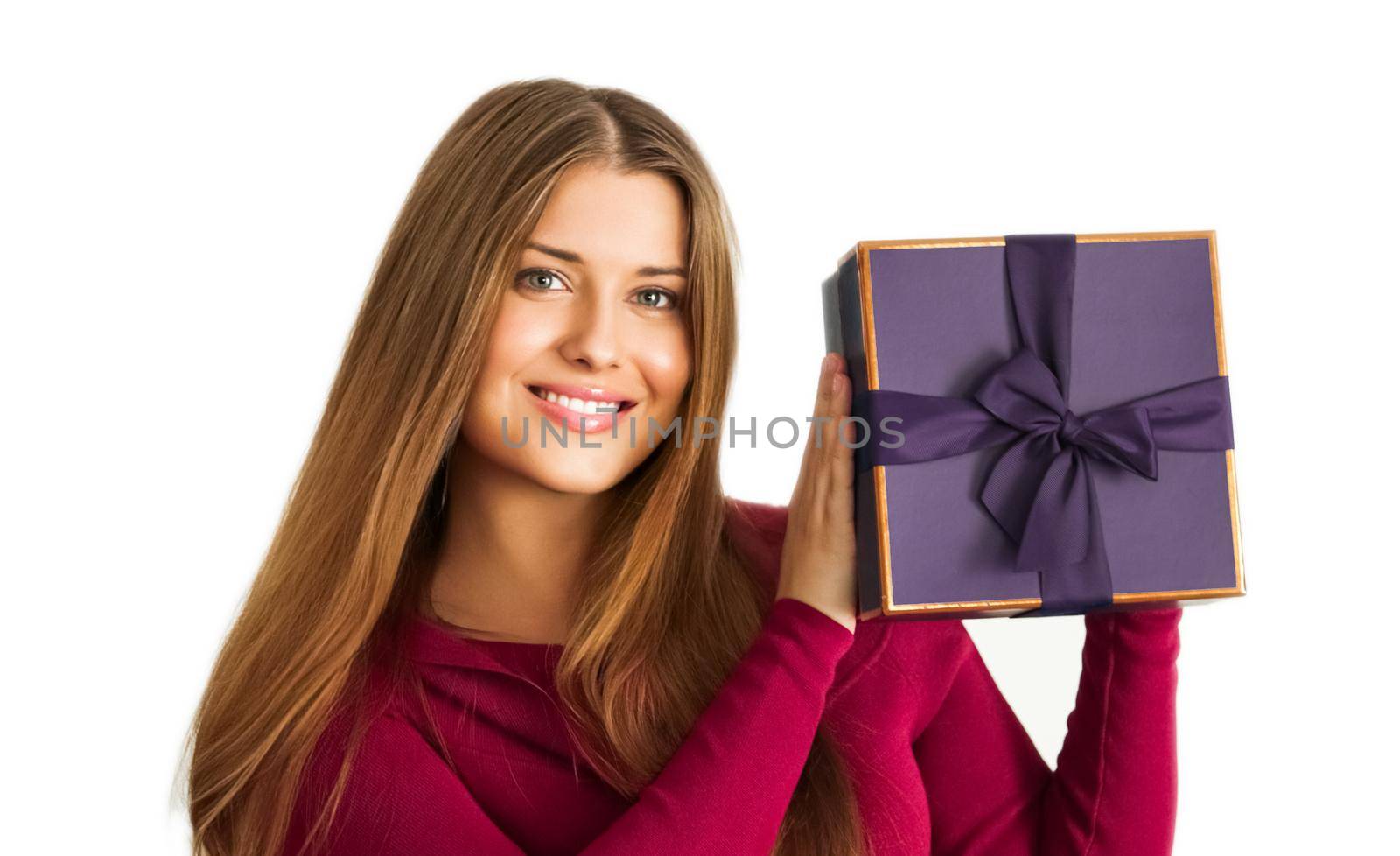 Birthday, Christmas or holiday present, happy woman holding a purple gift or luxury beauty box subscription delivery isolated on white background by Anneleven