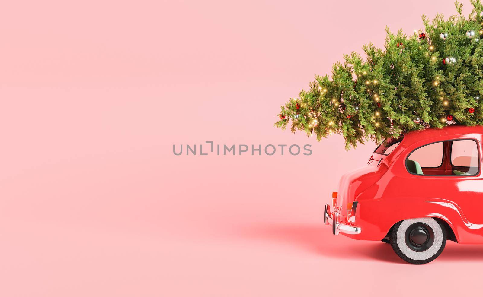 Creative 3D rendering of decorated Christmas tree placed on hood of shiny red retro car against pink background