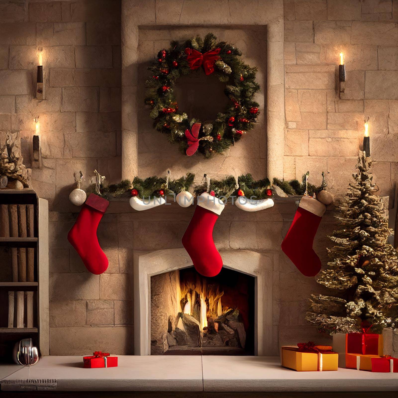 Stone fireplace decorated for Christmas by NeuroSky