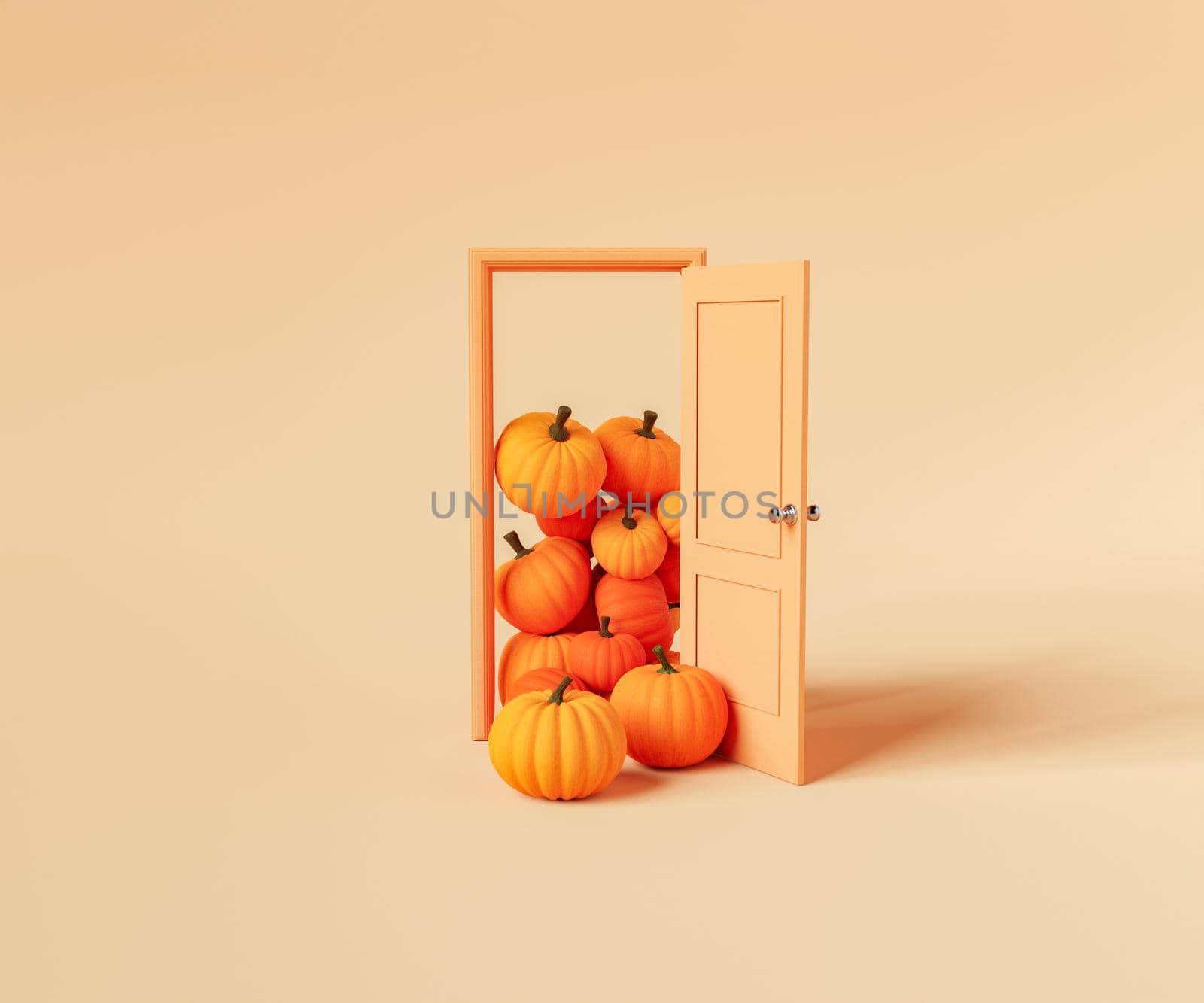 Creative 3D rendering of pile of orange pumpkins stacked at doorway against beige background