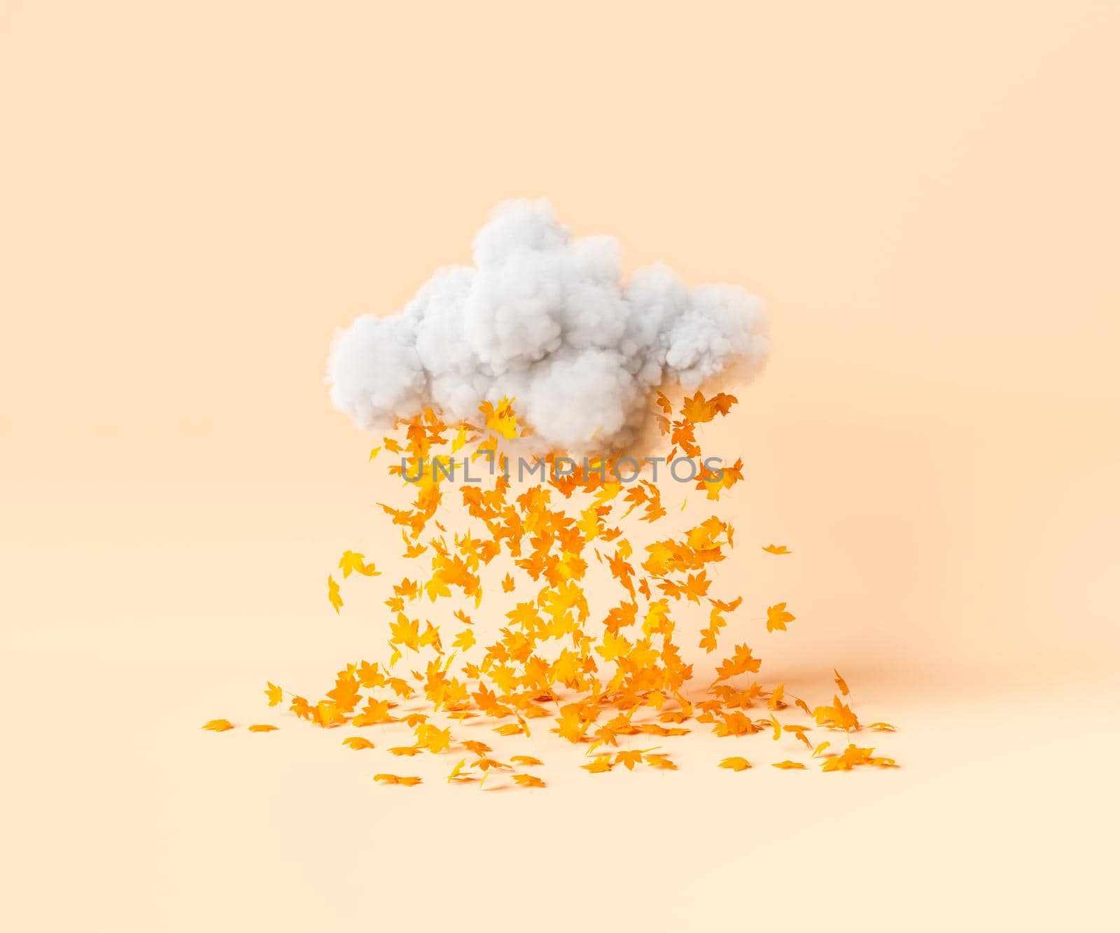 Creative 3D rendering of golden maple autumn leaves falling from fluffy gray cloud against beige background