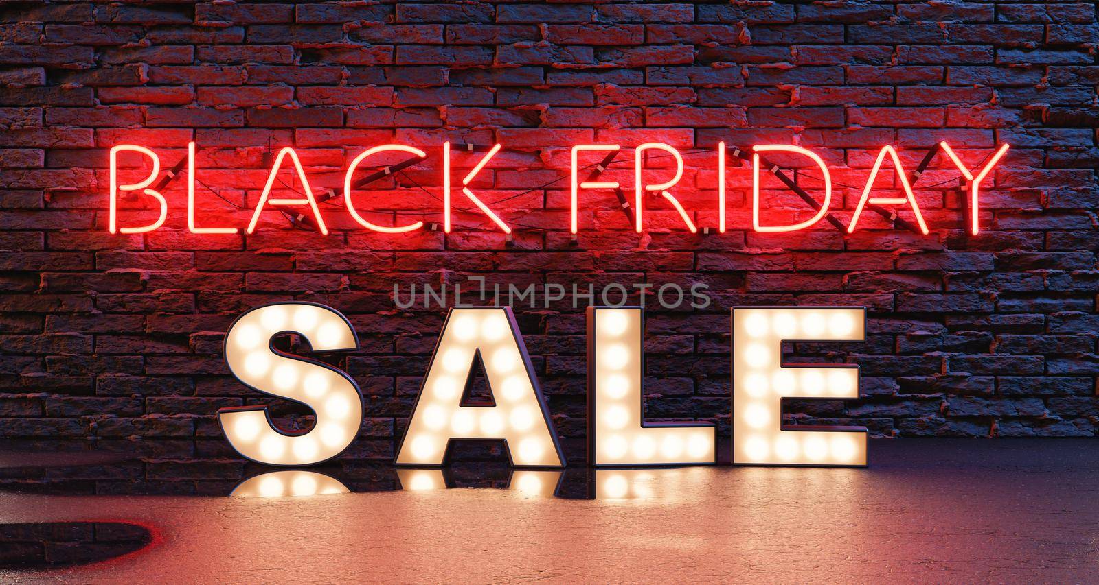 3D illustration of red Black Friday inscription glowing on brick wall near Sale sign