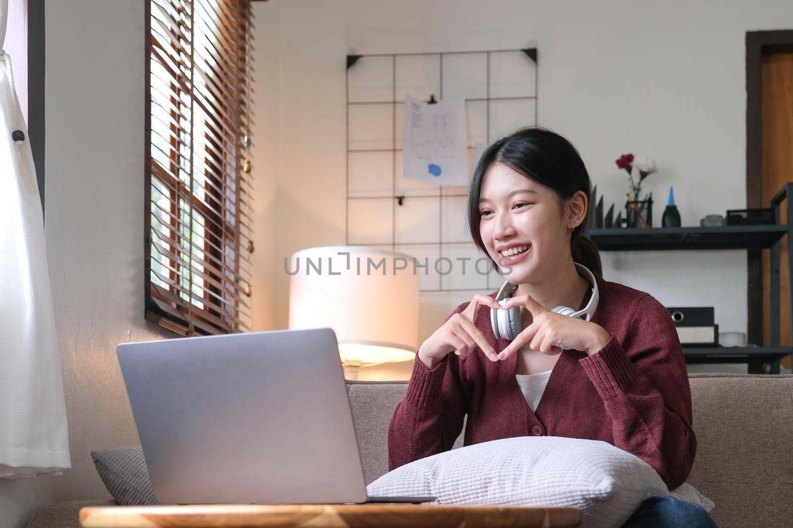 Attractive smiling young woman video call by laptop on sofa at home. lifestyle concept.