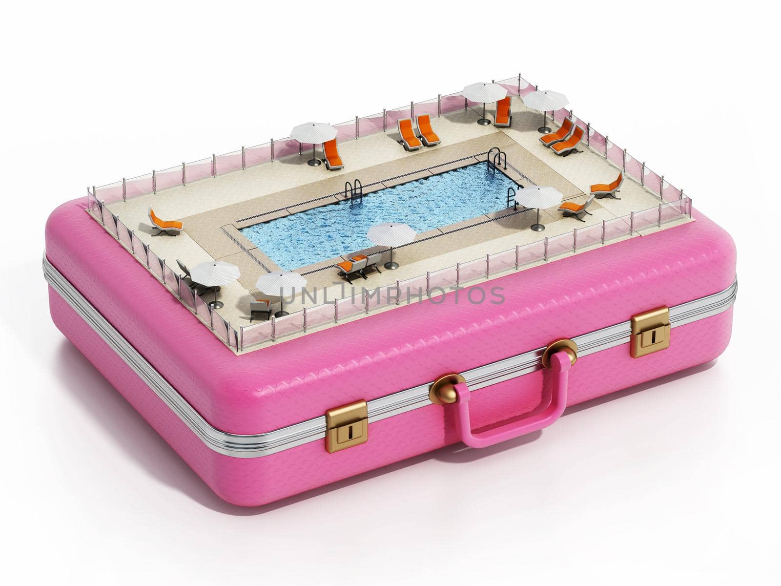 Swimming pool, sunbeds and parasols on the suitcase. 3D illustration.