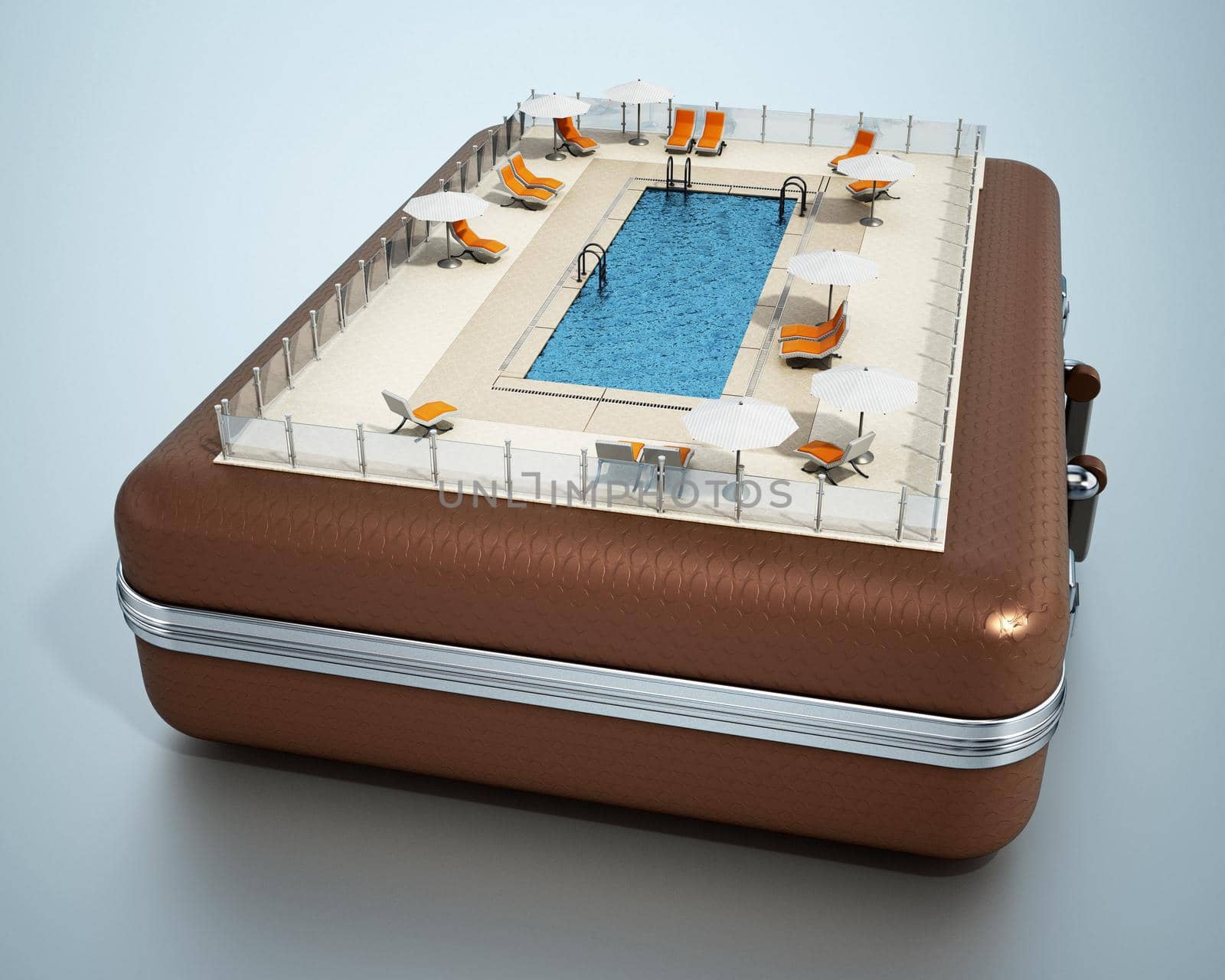 Swimming pool, sunbeds and parasols on the suitcase. 3D illustration by Simsek