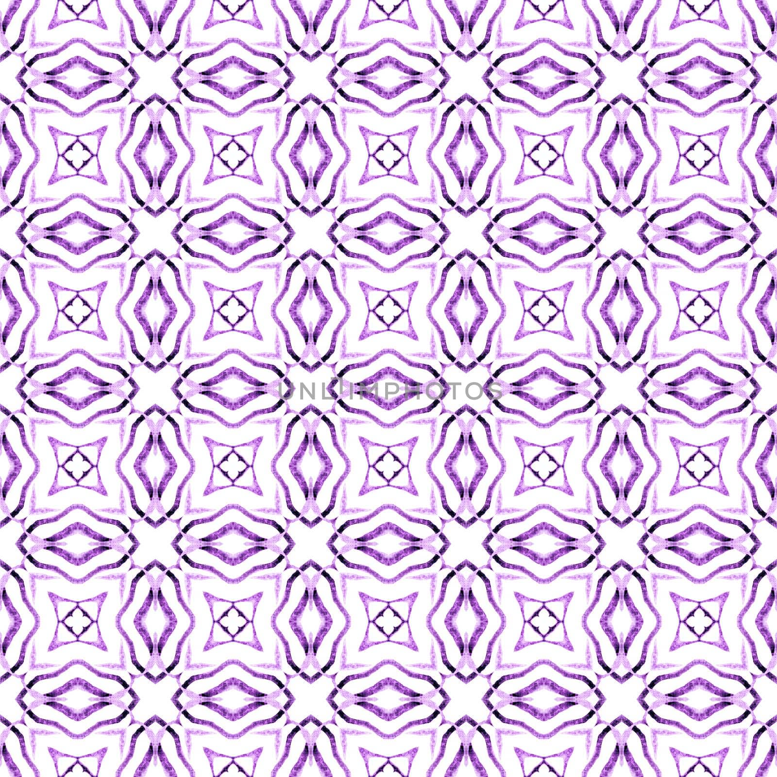Hand drawn tropical seamless border. Purple symmetrical boho chic summer design. Tropical seamless pattern. Textile ready authentic print, swimwear fabric, wallpaper, wrapping.