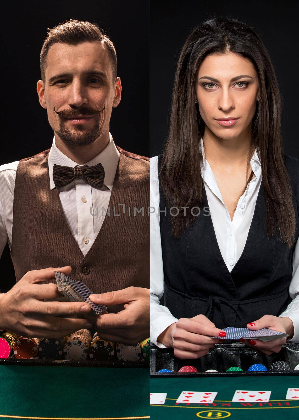Two croupiers, man and woman, are ready to play poker. They standing at table with chips, holding cards. Posing on black background. Casino. Close-up by nazarovsergey