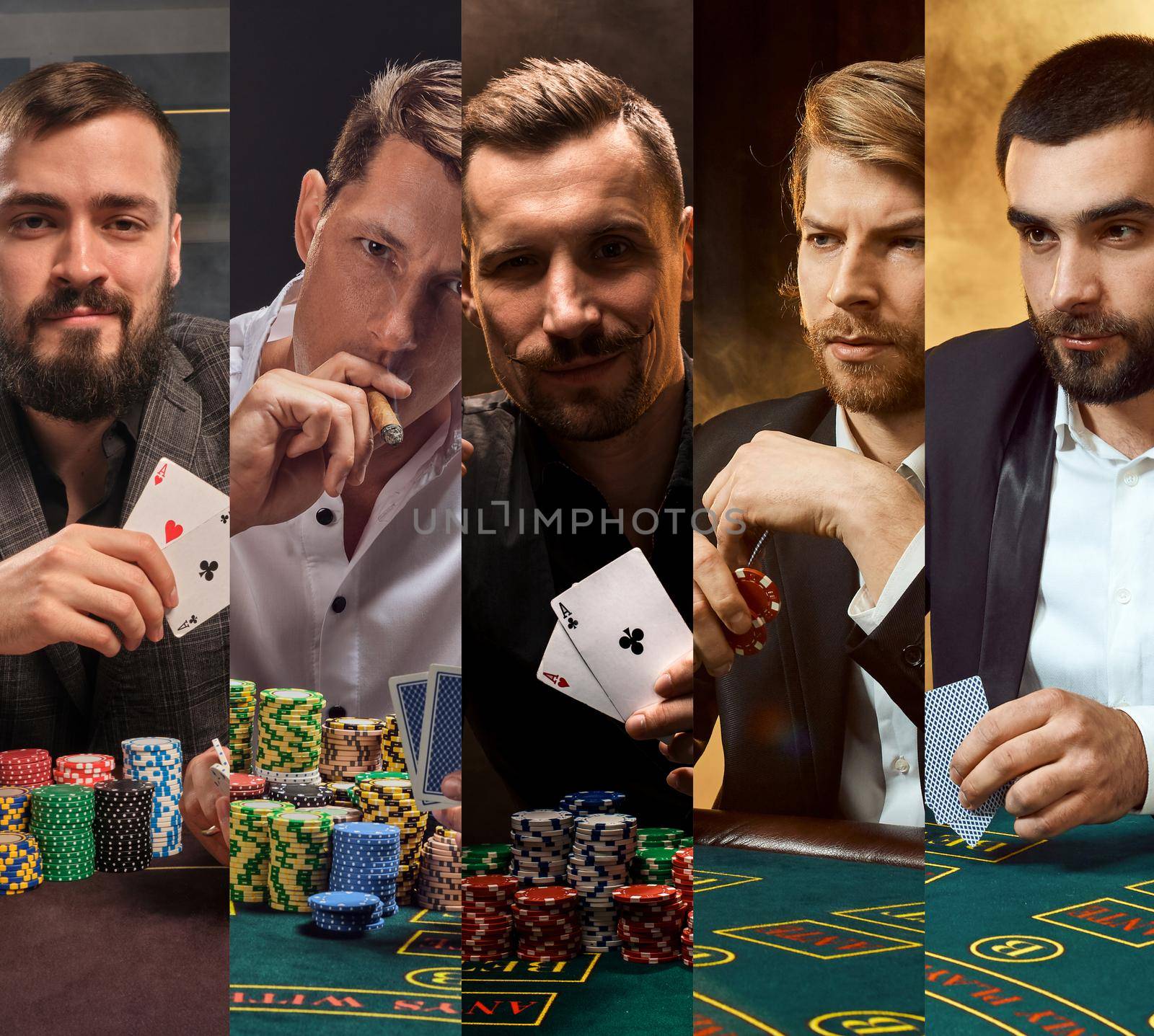 Collage of handsome males in classic suits. They sitting at green playing table with colorful chips on it, holding aces and smoking sigar. Posing on colorful backgrounds. Poker, casino. Close-up