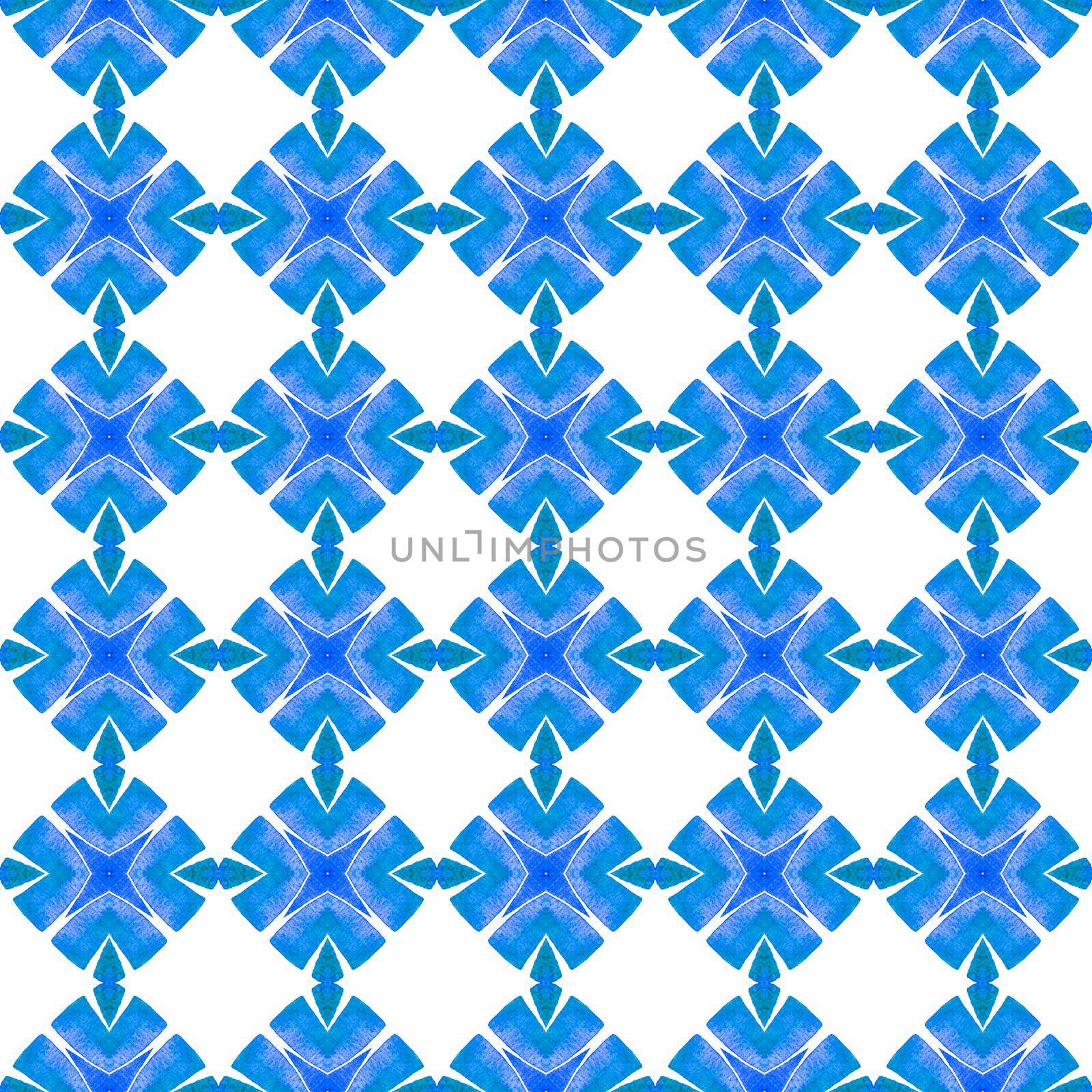 Watercolor medallion seamless border. Blue worthy boho chic summer design. Textile ready curious print, swimwear fabric, wallpaper, wrapping. Medallion seamless pattern.