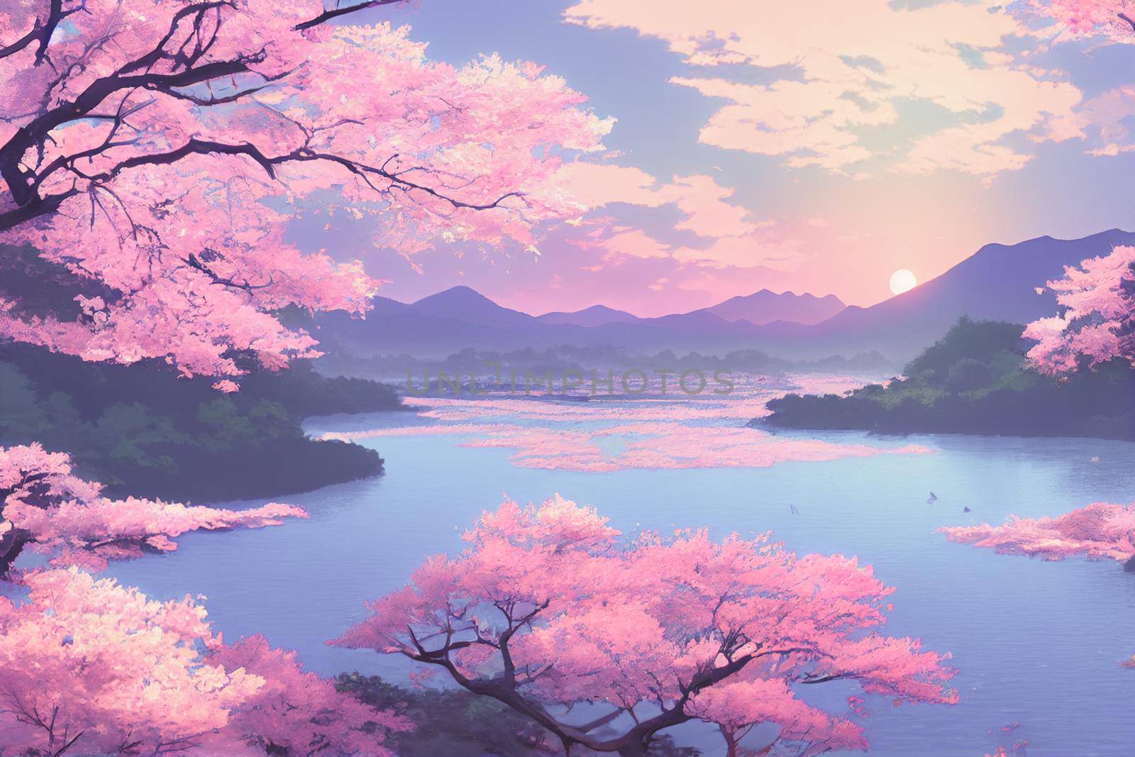 Japan anime scenery wallpapers featuring beautiful pink cherry trees and Mount Fuji in the background. 3D render digital artwork painting