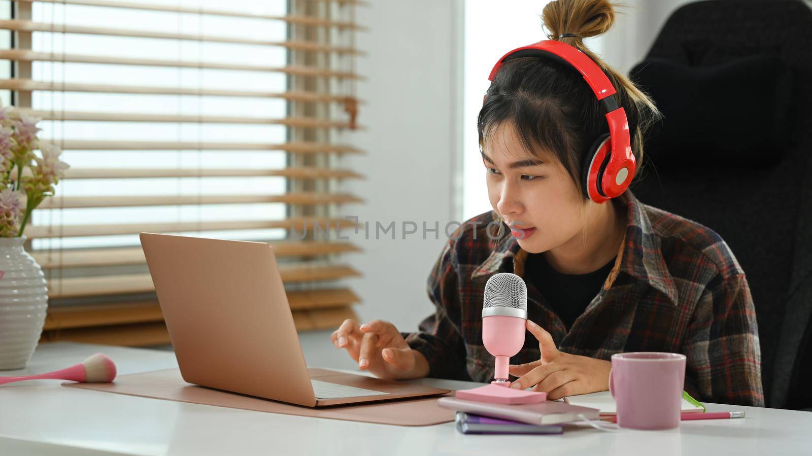 Image of radio host using microphone and laptop to recording podcast in home studio. Radio, podcasts and technology concept.