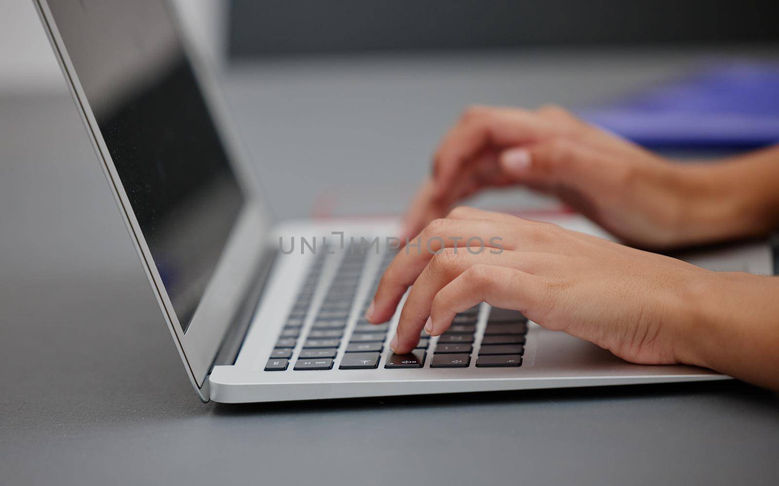 Laptop, computer or hand working, typing on keyboard for planning, schedule and meeting review in office desk. Zoom, hands and strategy analytics for marketing agency, research or SEO KPI data growth.