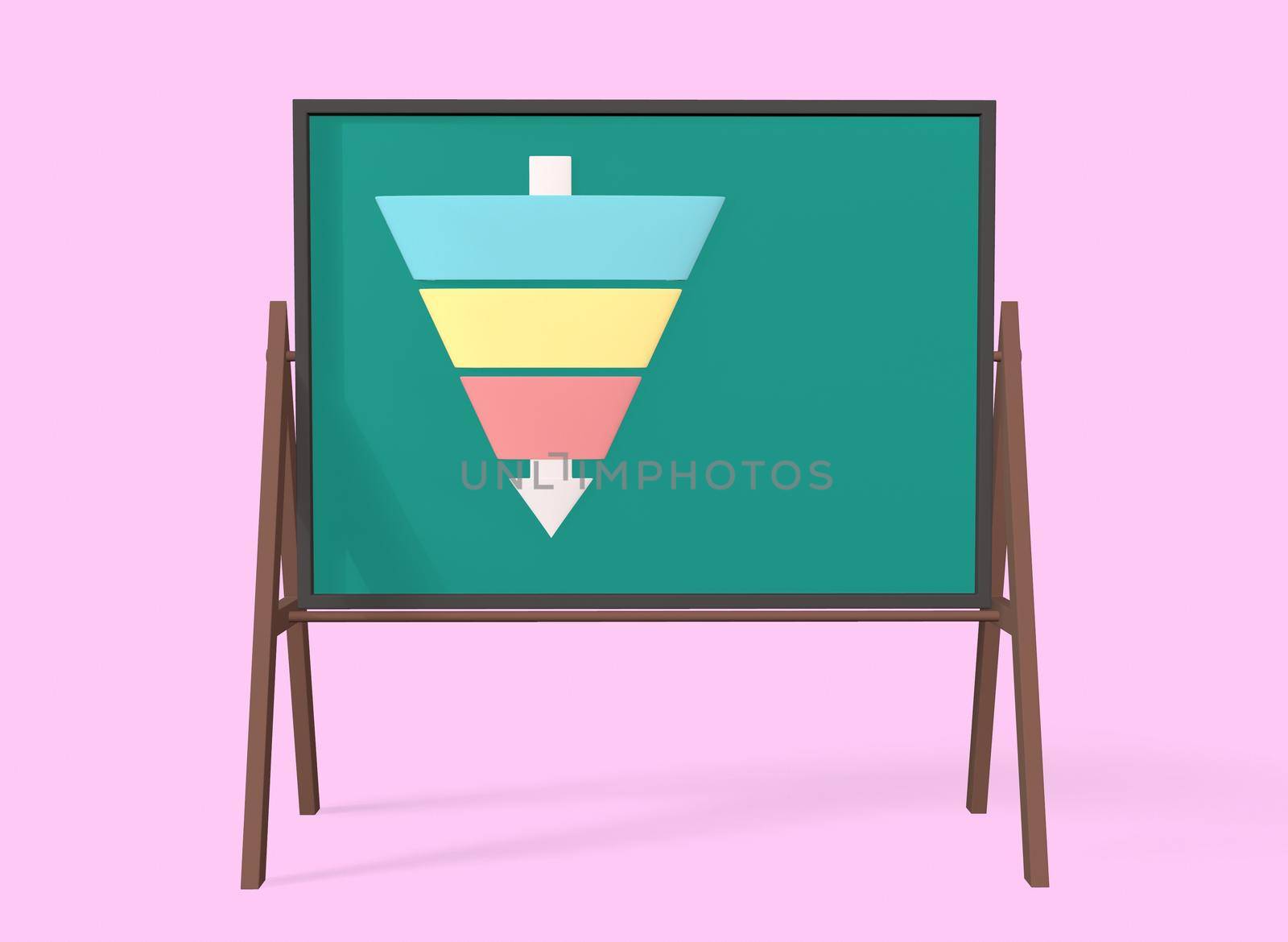 Funnel diagram is a three step template on a whiteboard on a pink background 3d-rendering.