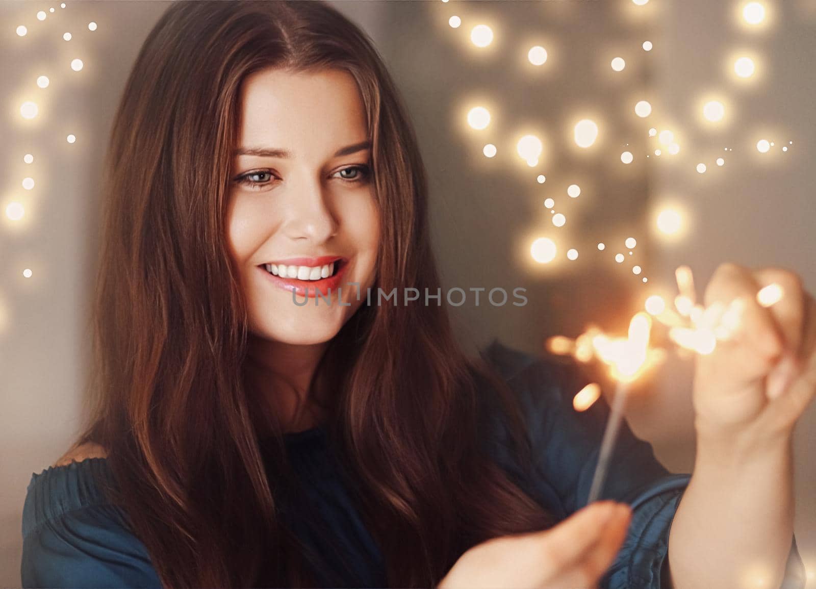 Holiday magic, Christmas and New Year celebration, happy woman with sparklers by Anneleven