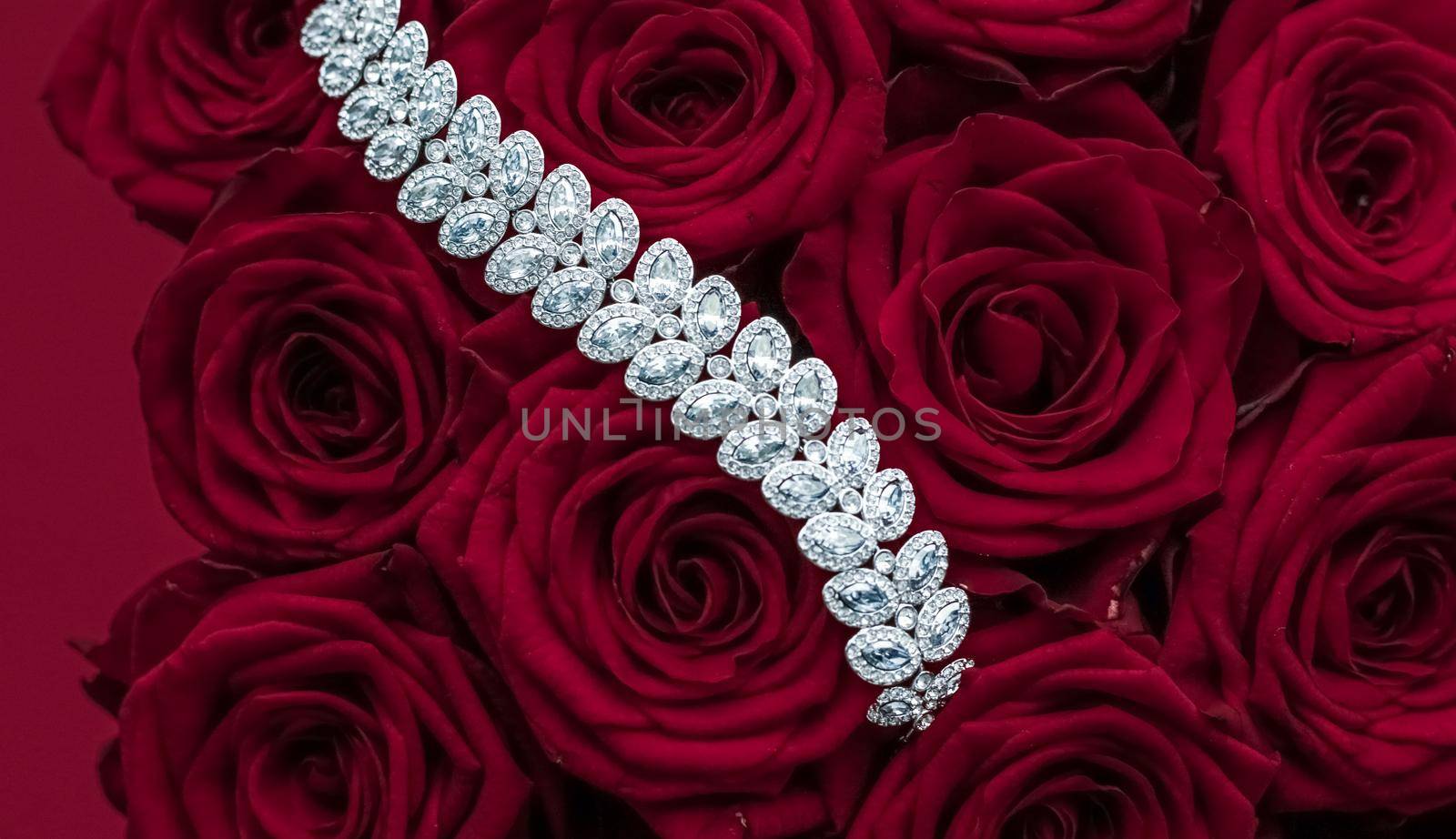 Luxe branding, glamour fashion and boutique shopping concept - Luxury diamond jewelry bracelet and red roses flowers, love gift on Valentines Day and jewellery brand holiday background design