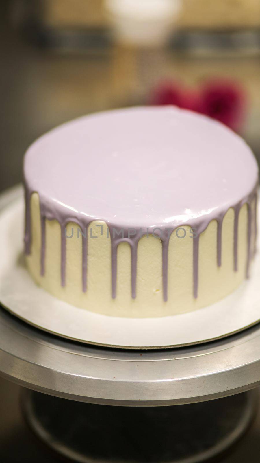 White lilac blank butter cream Frosted cake ready to decorated by cake desginer by verbano