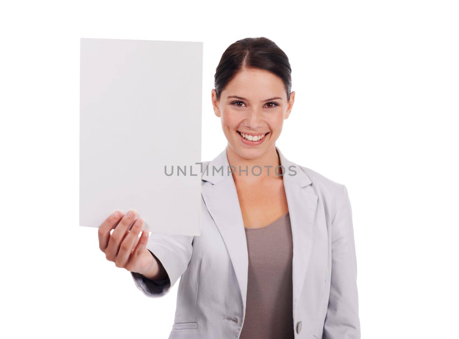 This is an idea you can believe in. a young women pointing at a small blank sign while isolated on white