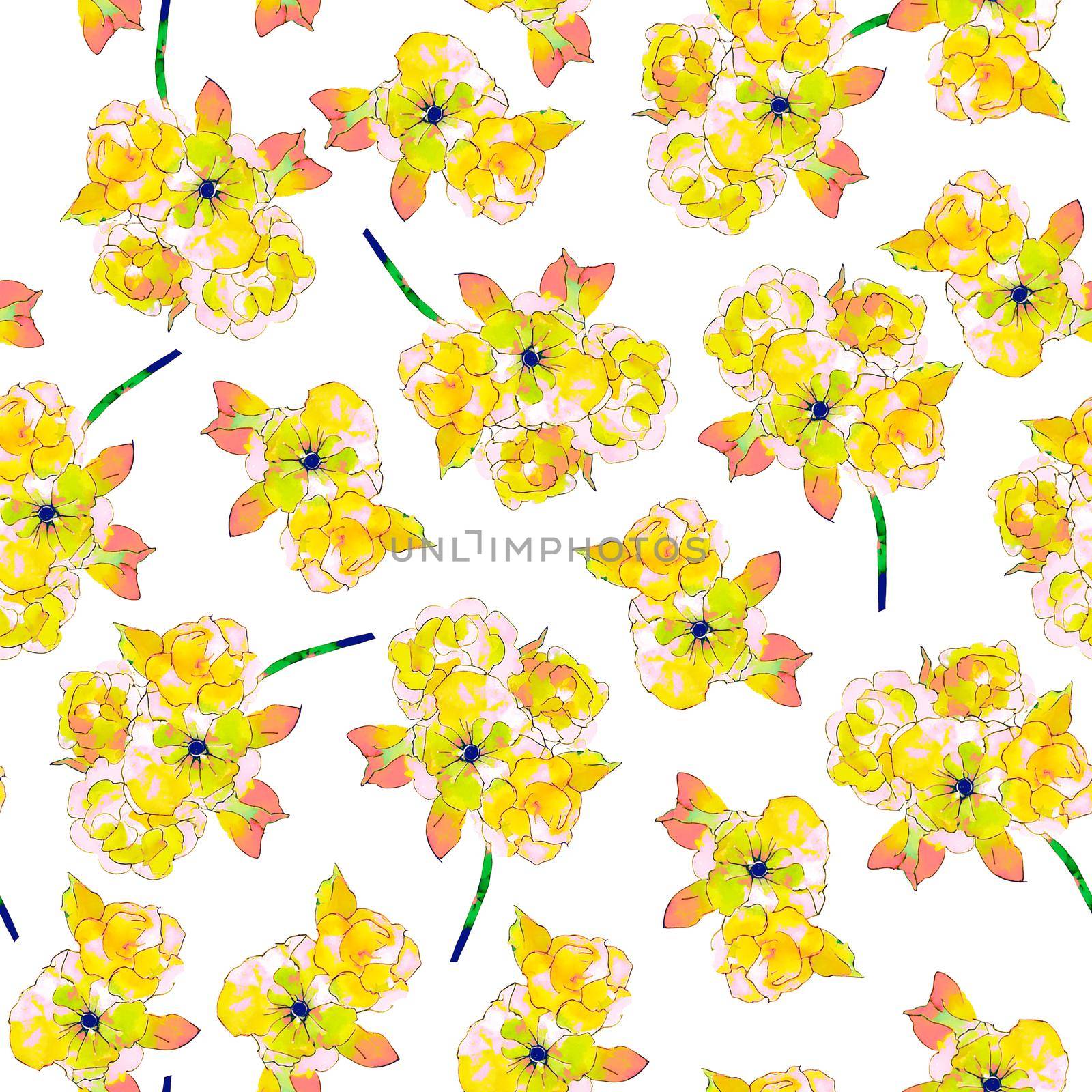 Abstract art background. Beautiful watercolor pattern with yellow flowers watercolor pattern on light background for textile design. Modern background.