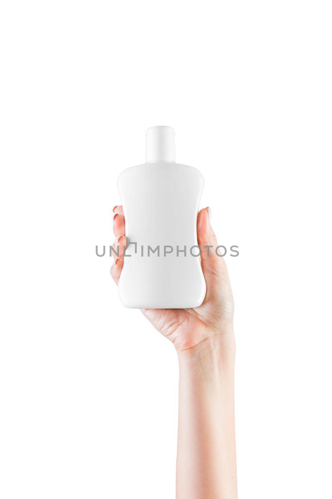 Female hand holding cream bottle of lotion isolated. Girl give cosmetic products on white background.