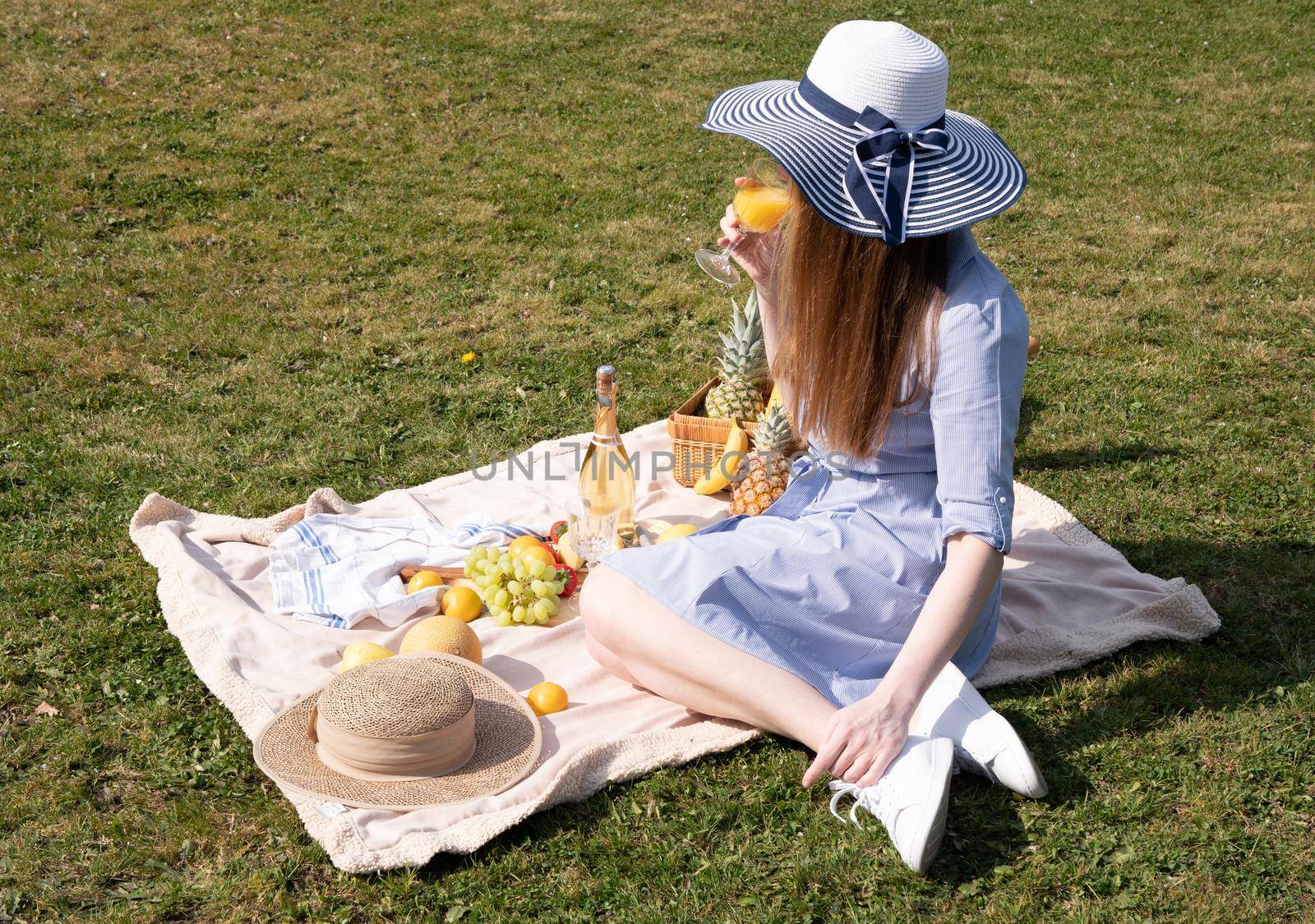 a young woman in a blue dress and straw hat is resting on a picnic with fruits, cheese plate and champagne, rest from worries and household chores parks and recreation areas,.High quality photo
