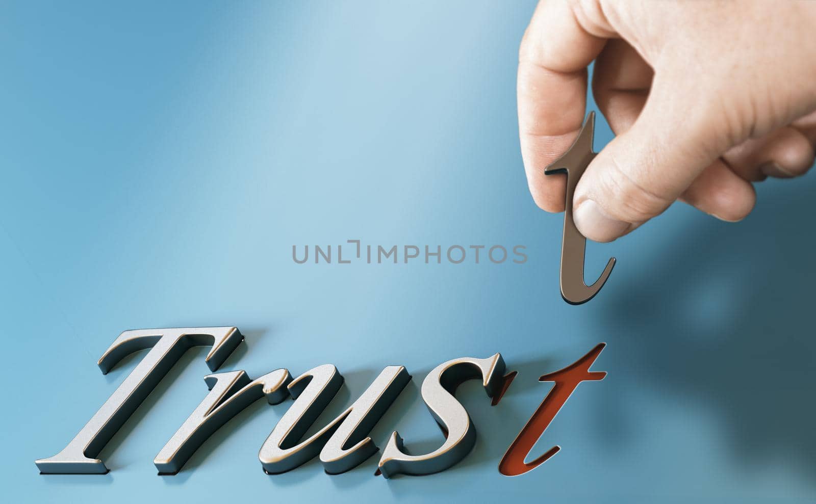 Hand holding the letter t and building trust word. Trustworthy partner or partnership concept. Composite image between a 3d illustration and a photography.