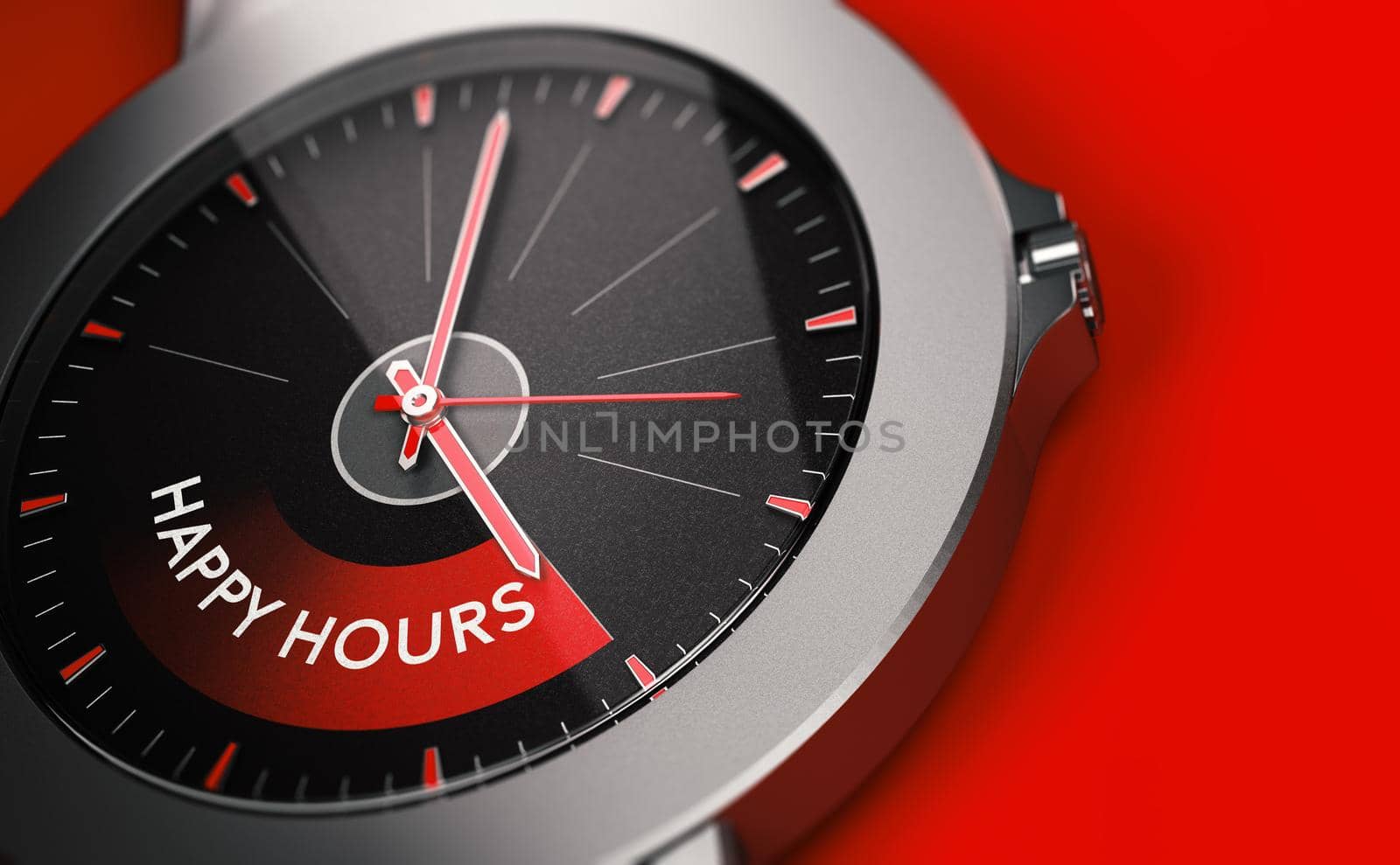 Conceptual watch with the text happy hours over red background with copy space. 3D illustration. 