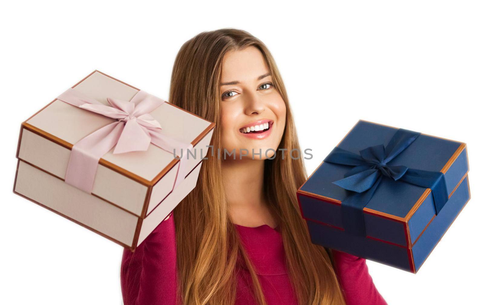 Birthday, Christmas gifts or holiday present, happy woman holding gift boxes isolated on white background, portrait