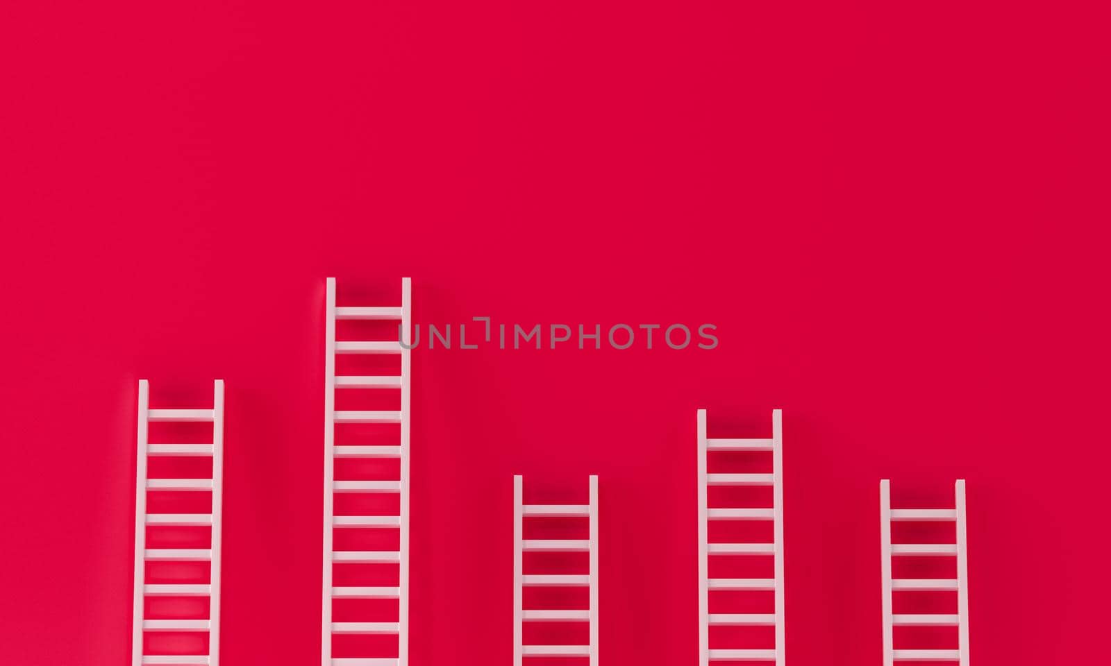 Ladder white collection with one overhanging on red wall studio background. leadership, success concept with copy spaces for text. 3d rendering.