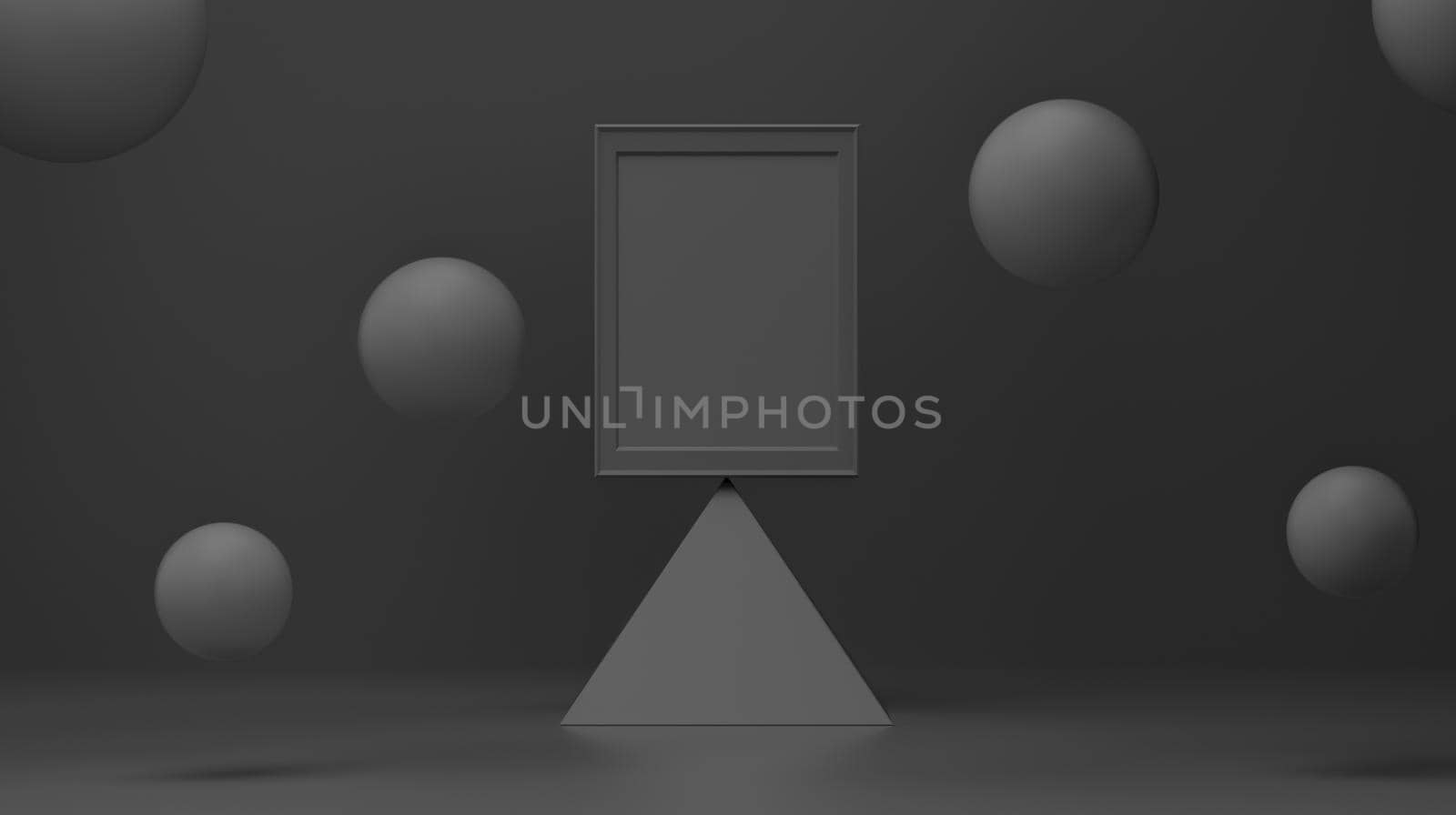 Podium on a pyramid, frame with bubble floating on black elegant studio. minimal geometric background shape abstract background. particles floating.. 3d rendering. by ImagesRouges