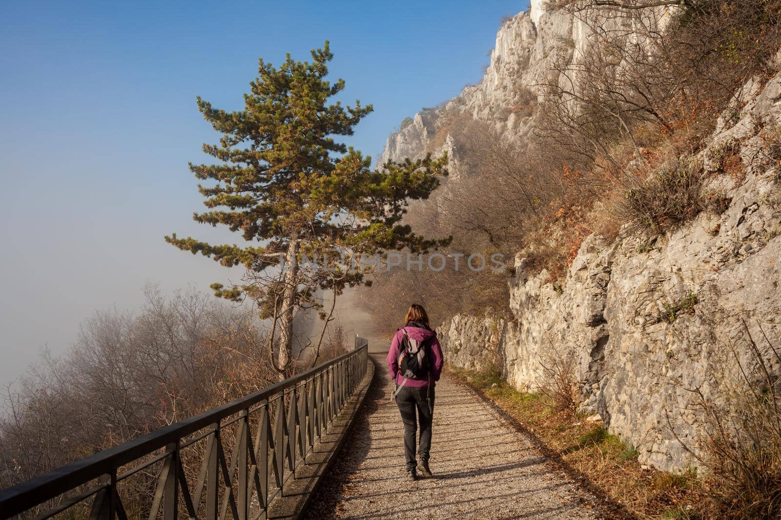 Woman walking alone on rural misty path by bepsimage