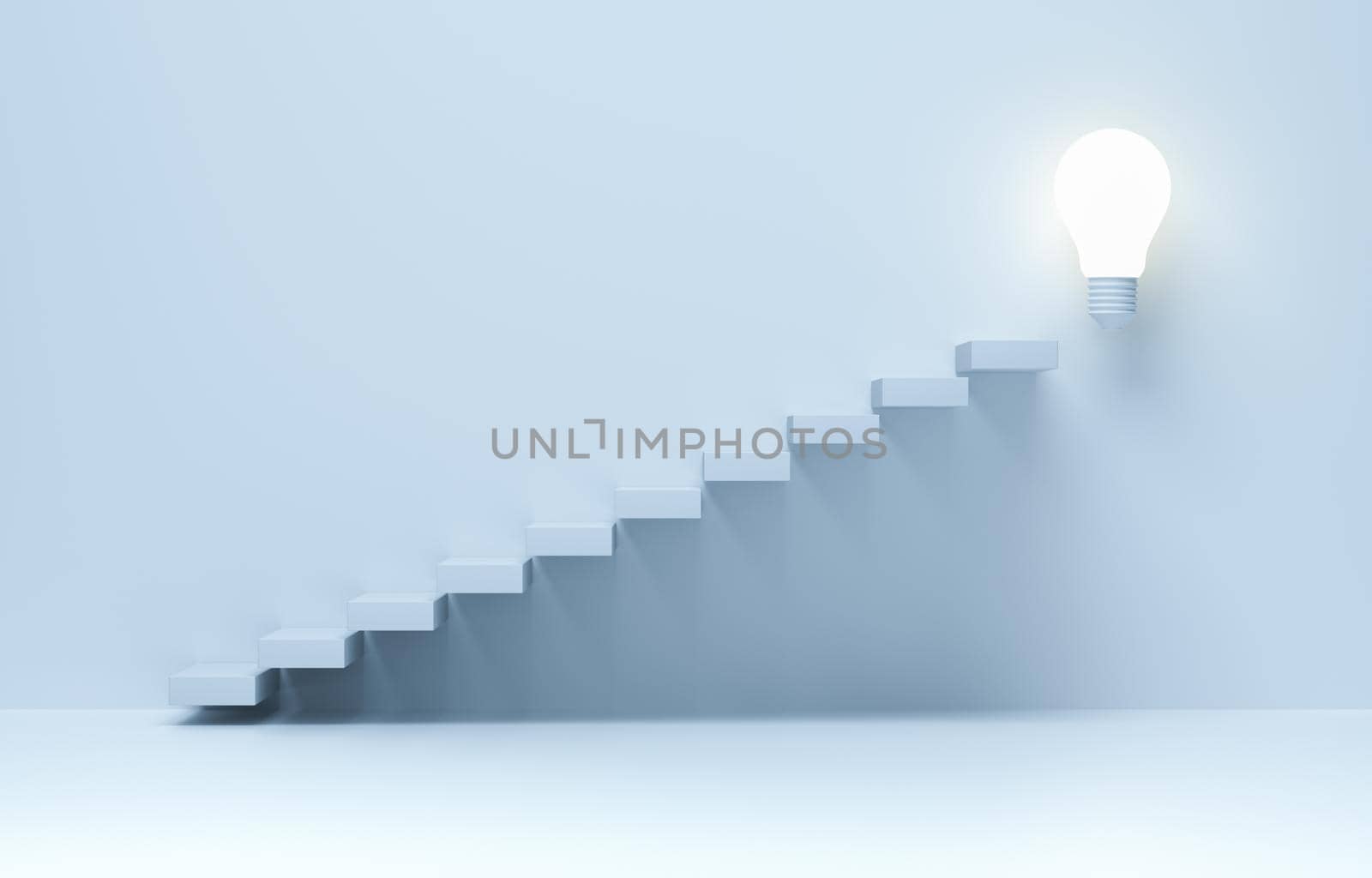 Ascending stairs of rising staircase to bulb light. Stairs going upward, business rise, forward achievement, progress way, 3d rendering