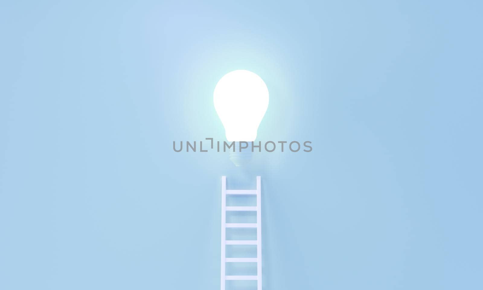 Ladder reaches up to a Glowing Light Bulb representing an Idea, creativity, invention, inspiration concept. Minimalist blue pastel background. 3d rendering.