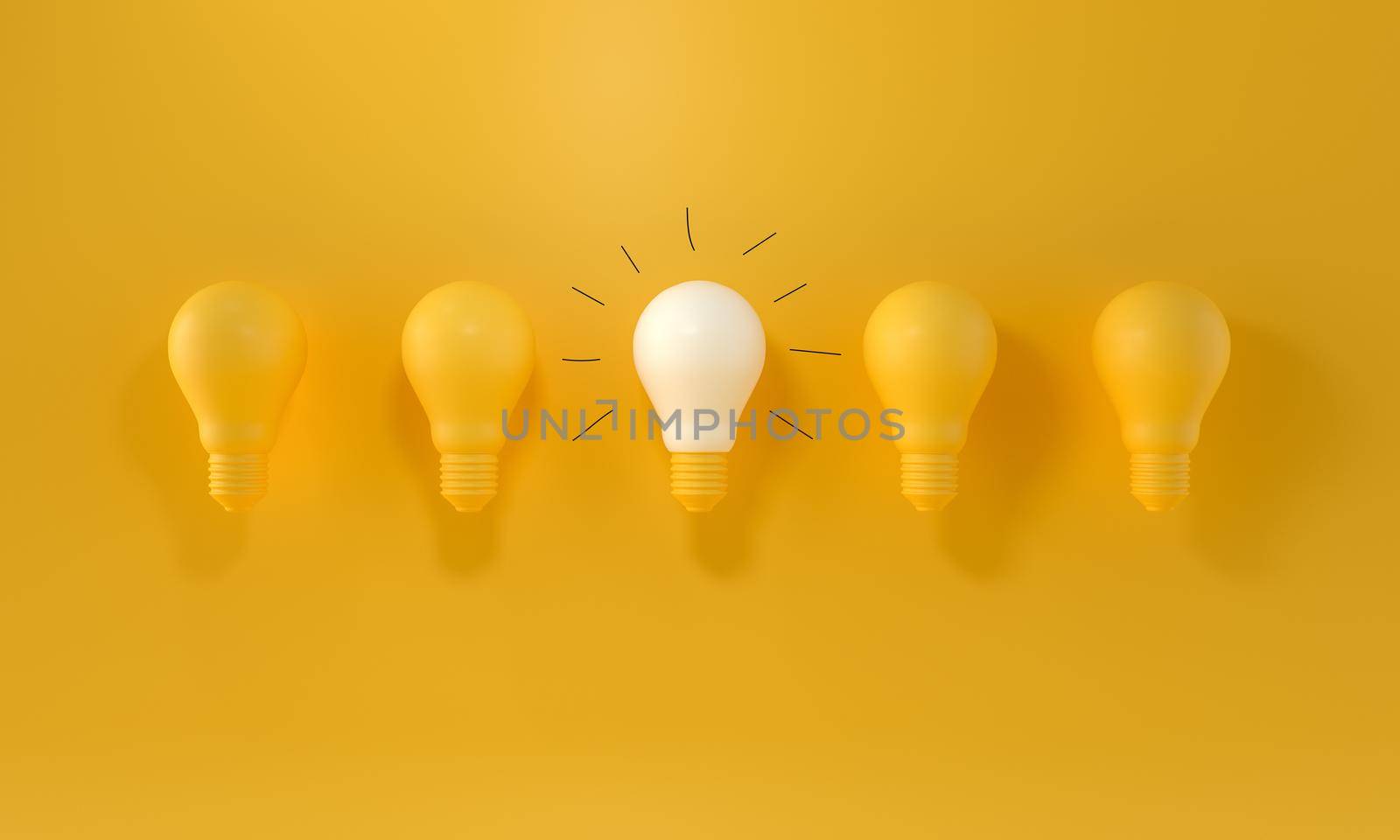 Glowing Light Bulb and handmade gloss lines between the others on yellow background. Leadership, innovation, great idea and individuality concepts. 3d rendering.