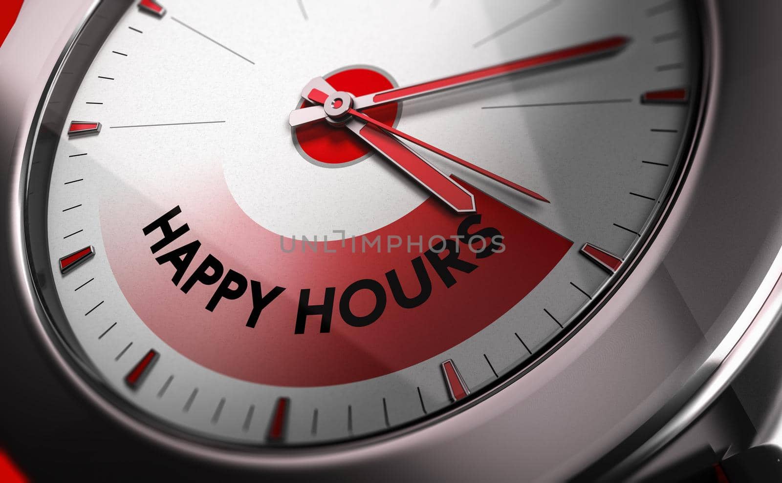Conceptual watch with the text happy hours. 3D illustration. 