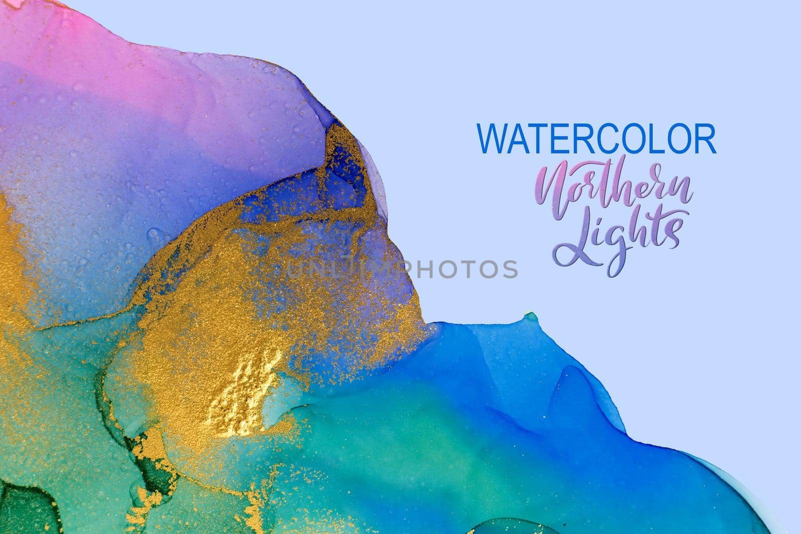 Northern lights watercolor imitation. Gradient template with gold gltter