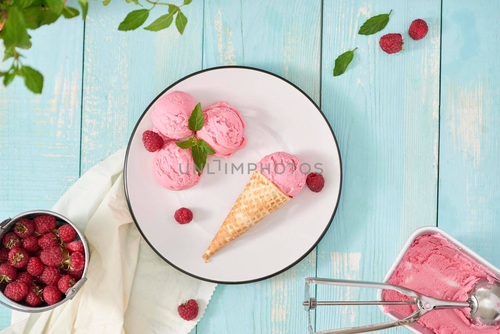 Delicious ice cream cone on a dish