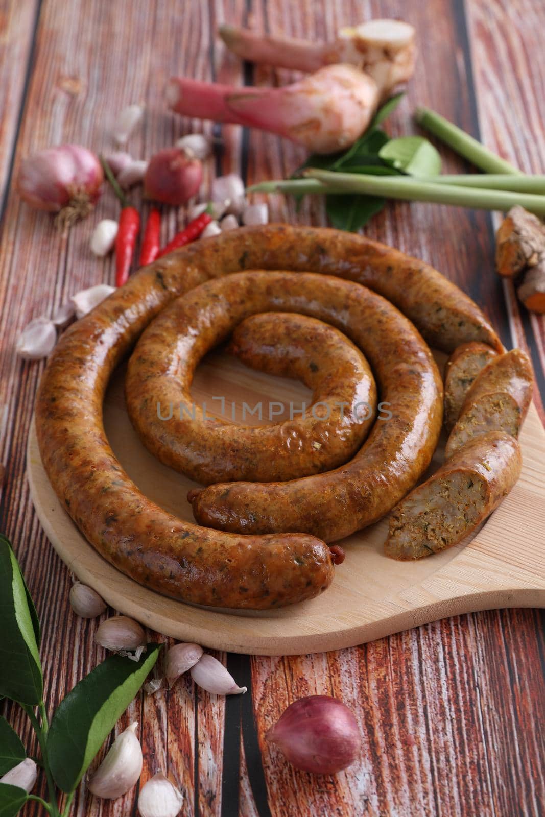 Local Northern Thai food , Northern Thai spicy sausage street food isolated in white background by piyato