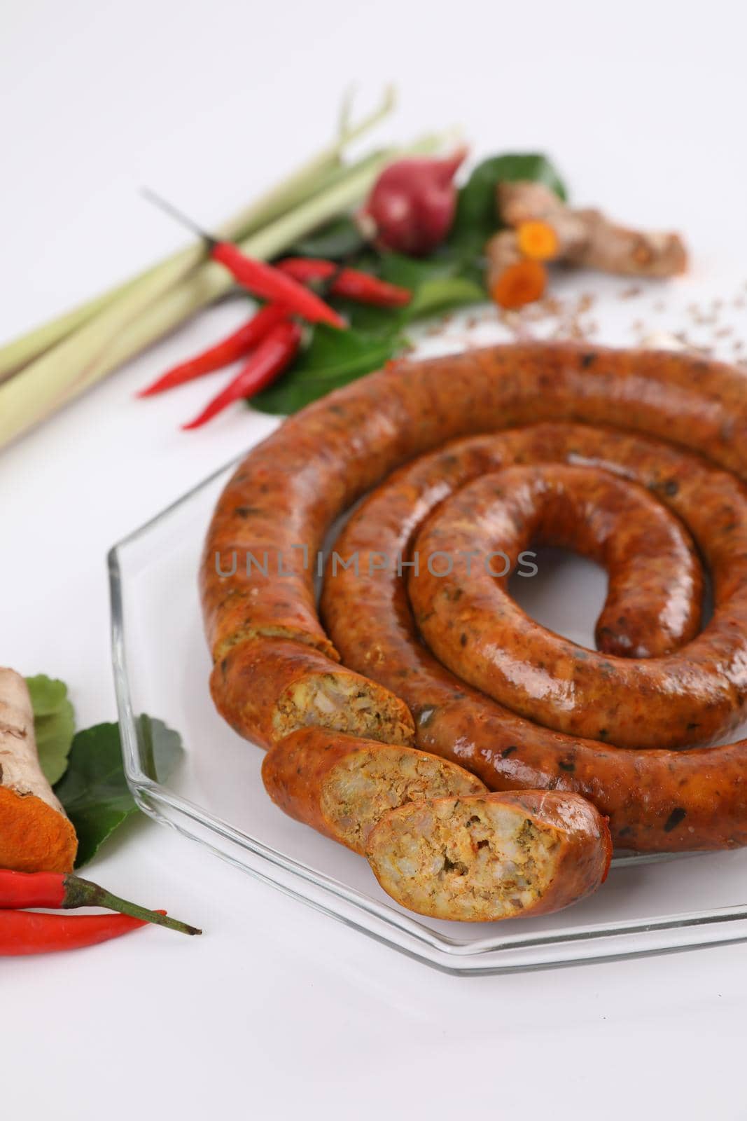 Local Northern Thai food , Northern Thai spicy sausage street food isolated in white background