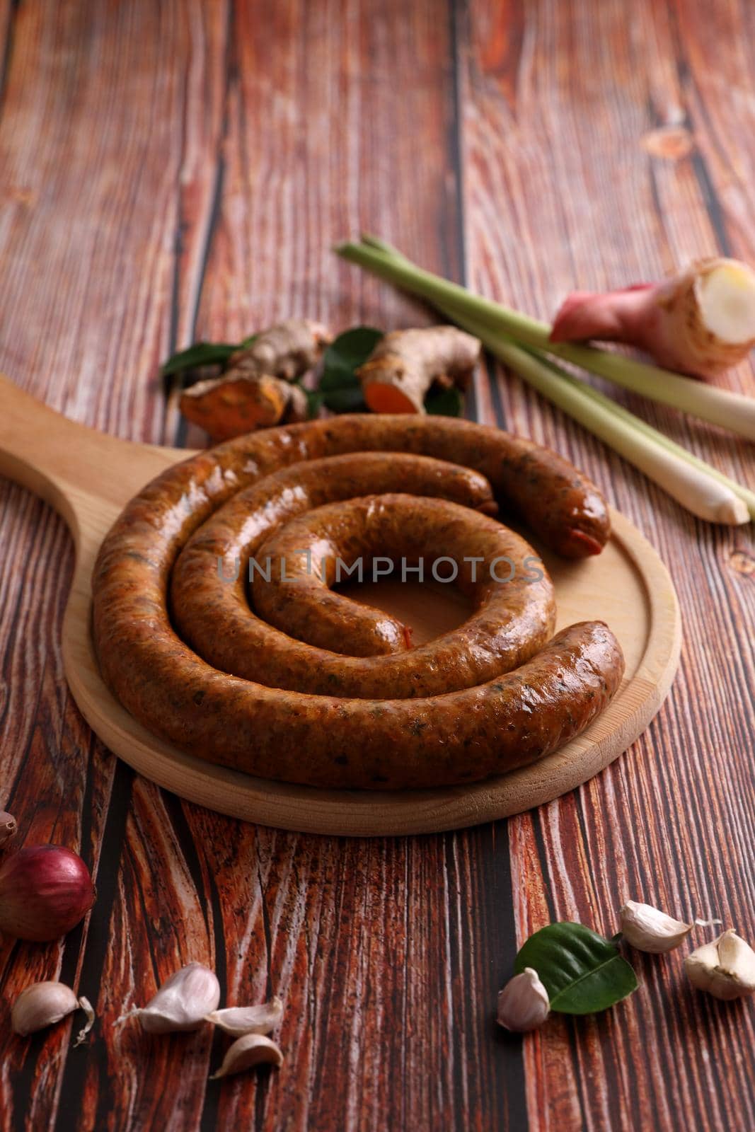 Local Northern Thai food , Northern Thai spicy sausage street food isolated in white background by piyato