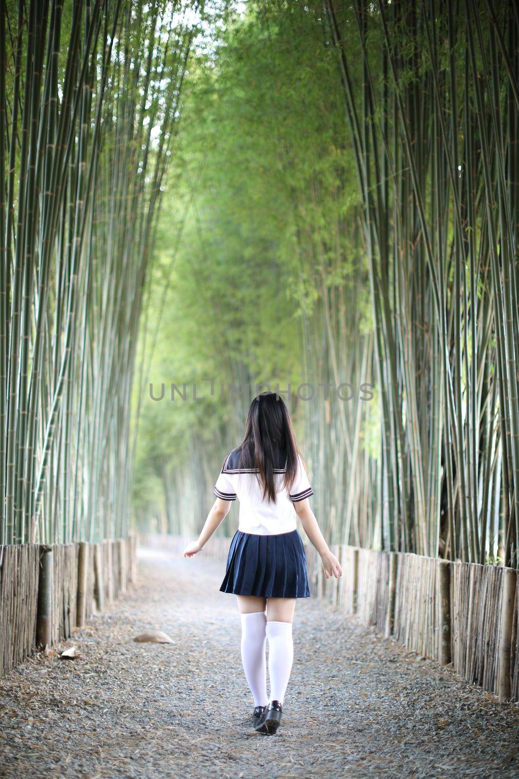 Portrait of beautiful Asian japanese high school girl uniform looking with bamboo forest background