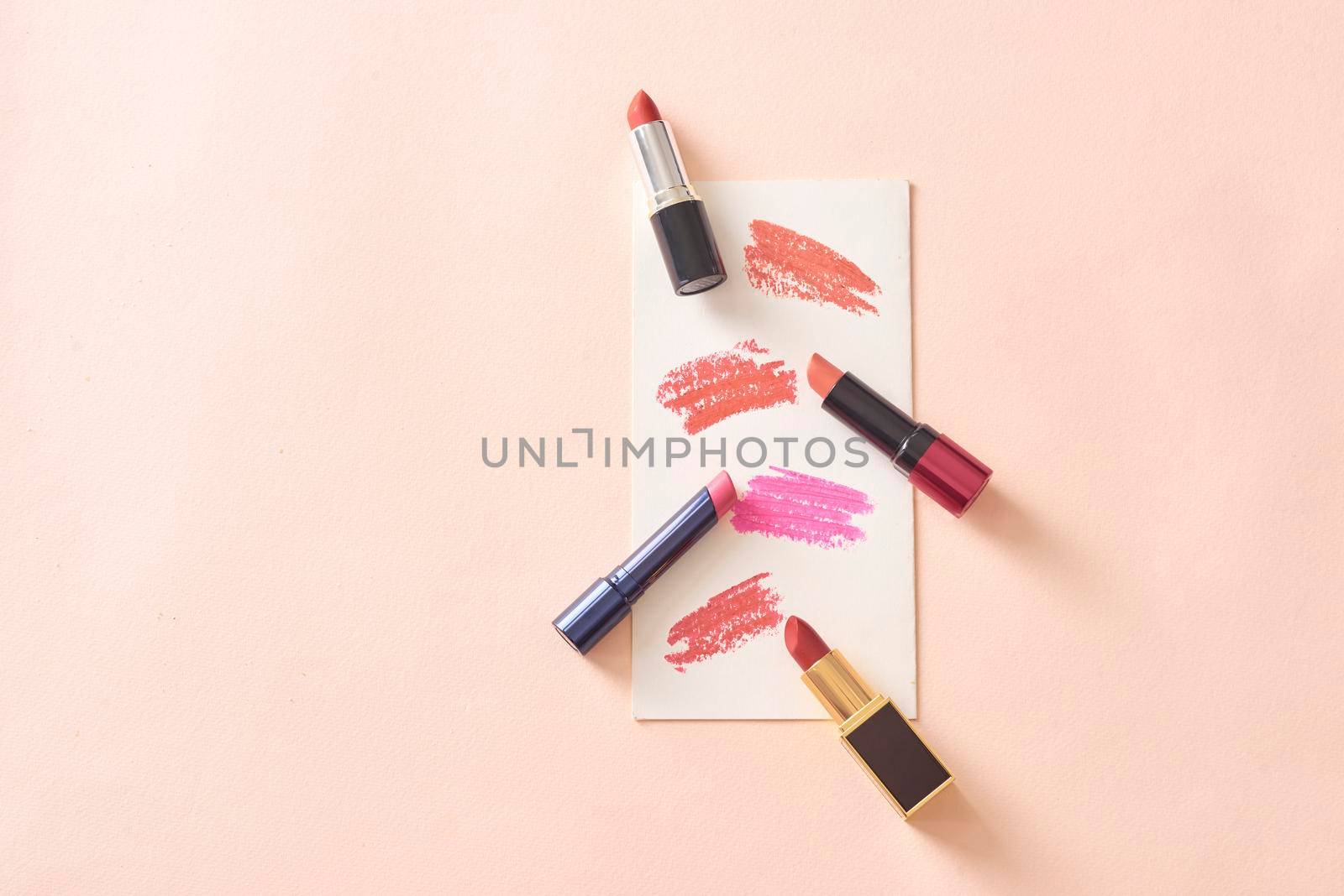 Set of color lipsticks. Lipstick colors. Beauty and cosmetics background.Fashion lipstick. by makidotvn