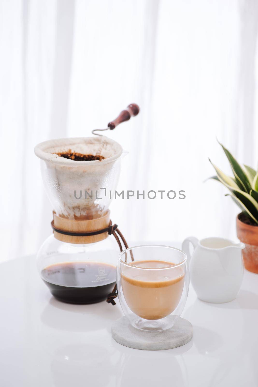 Breakfast with chocolate cake and coffee served on a beautiful living home 