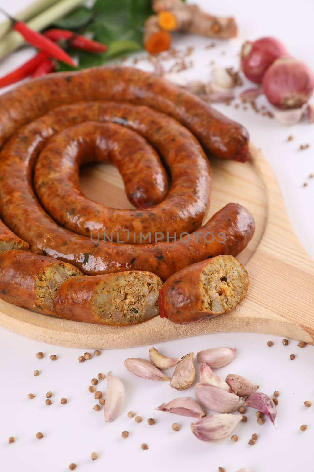 Local Northern Thai food , Northern Thai spicy sausage street food isolated in white background